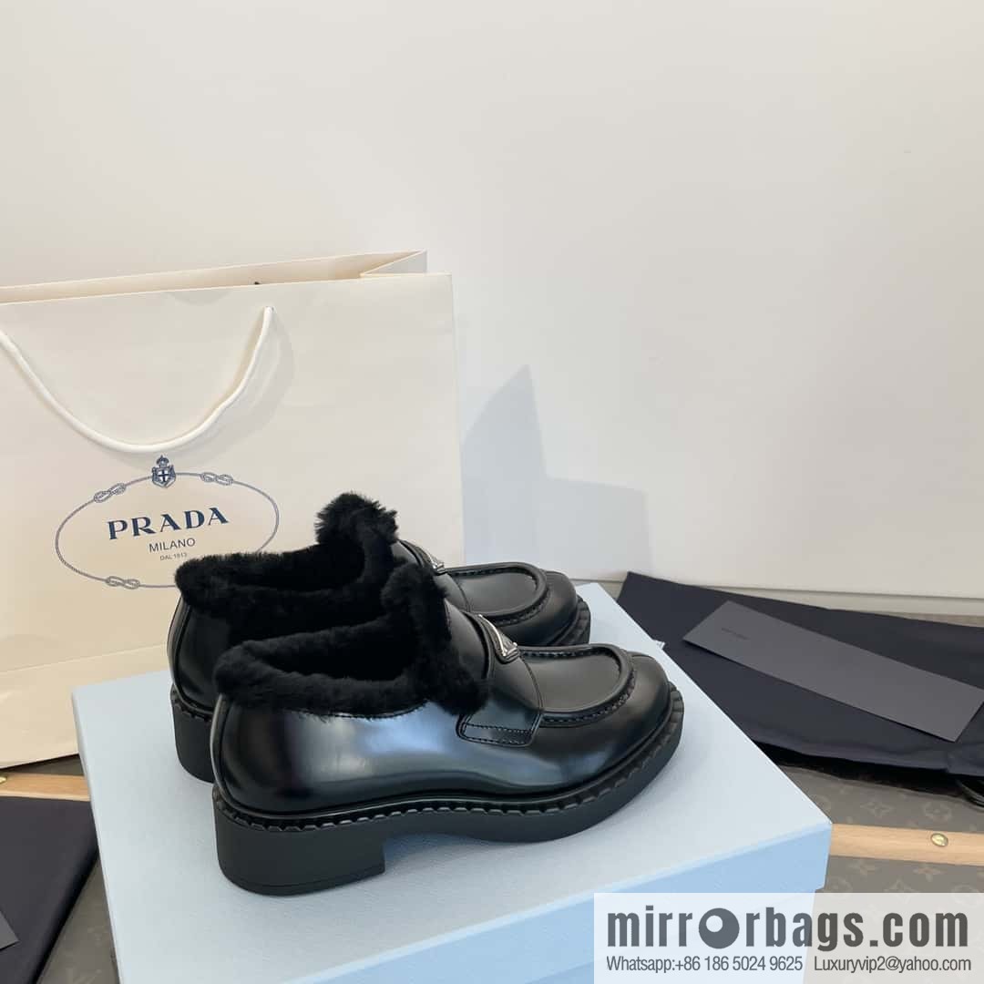 PRADA autumn and winter triangle standard wool and fleece platform loafers