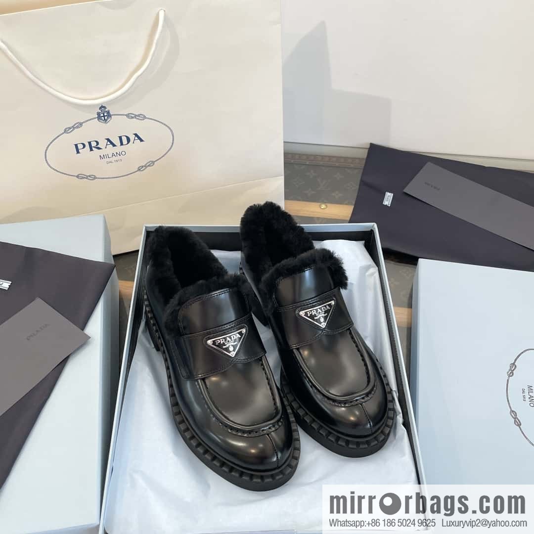 PRADA autumn and winter triangle standard wool and fleece platform loafers