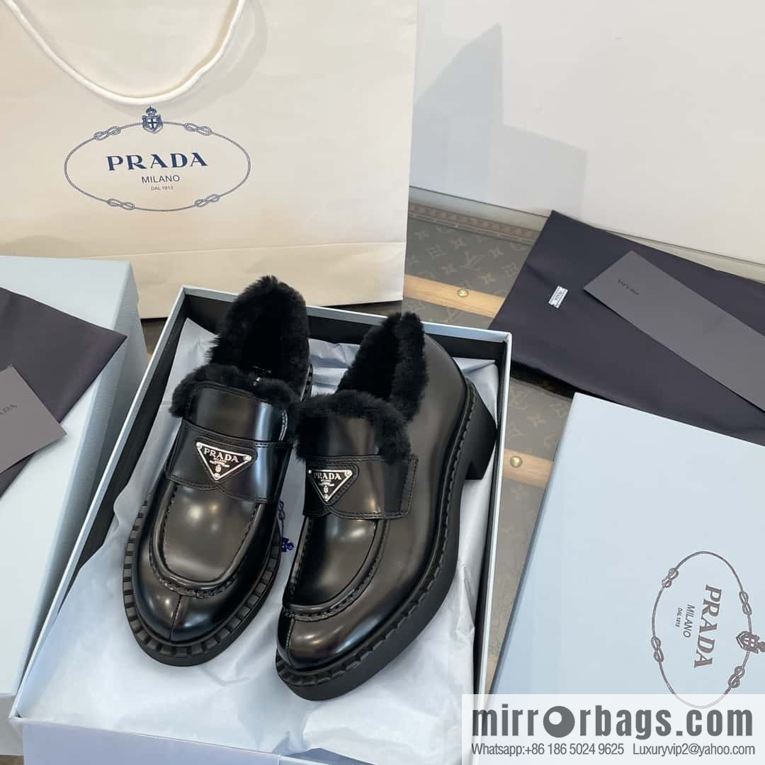 PRADA autumn and winter triangle standard wool and fleece platform loafers