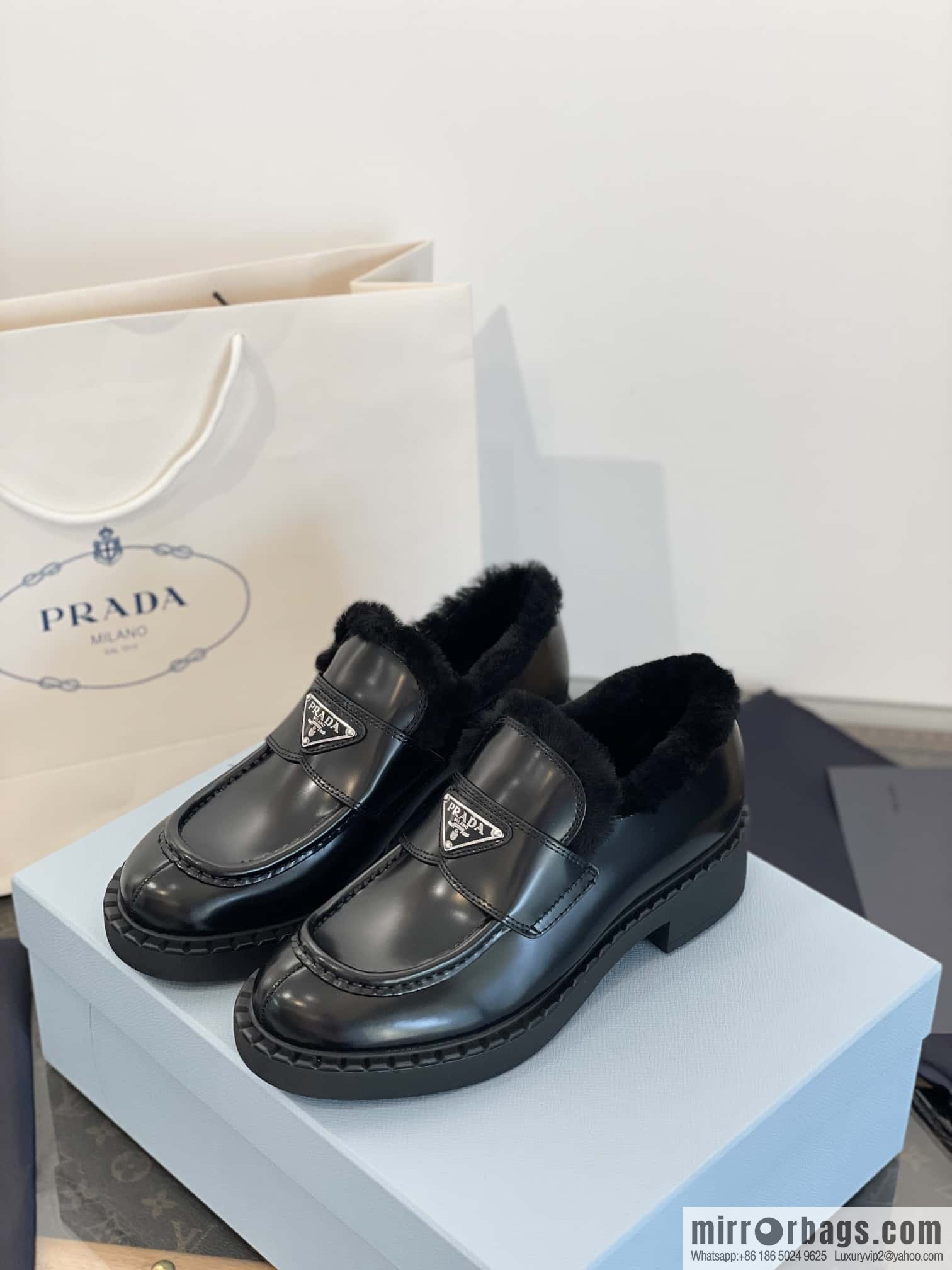 PRADA autumn and winter triangle standard wool and fleece platform loafers