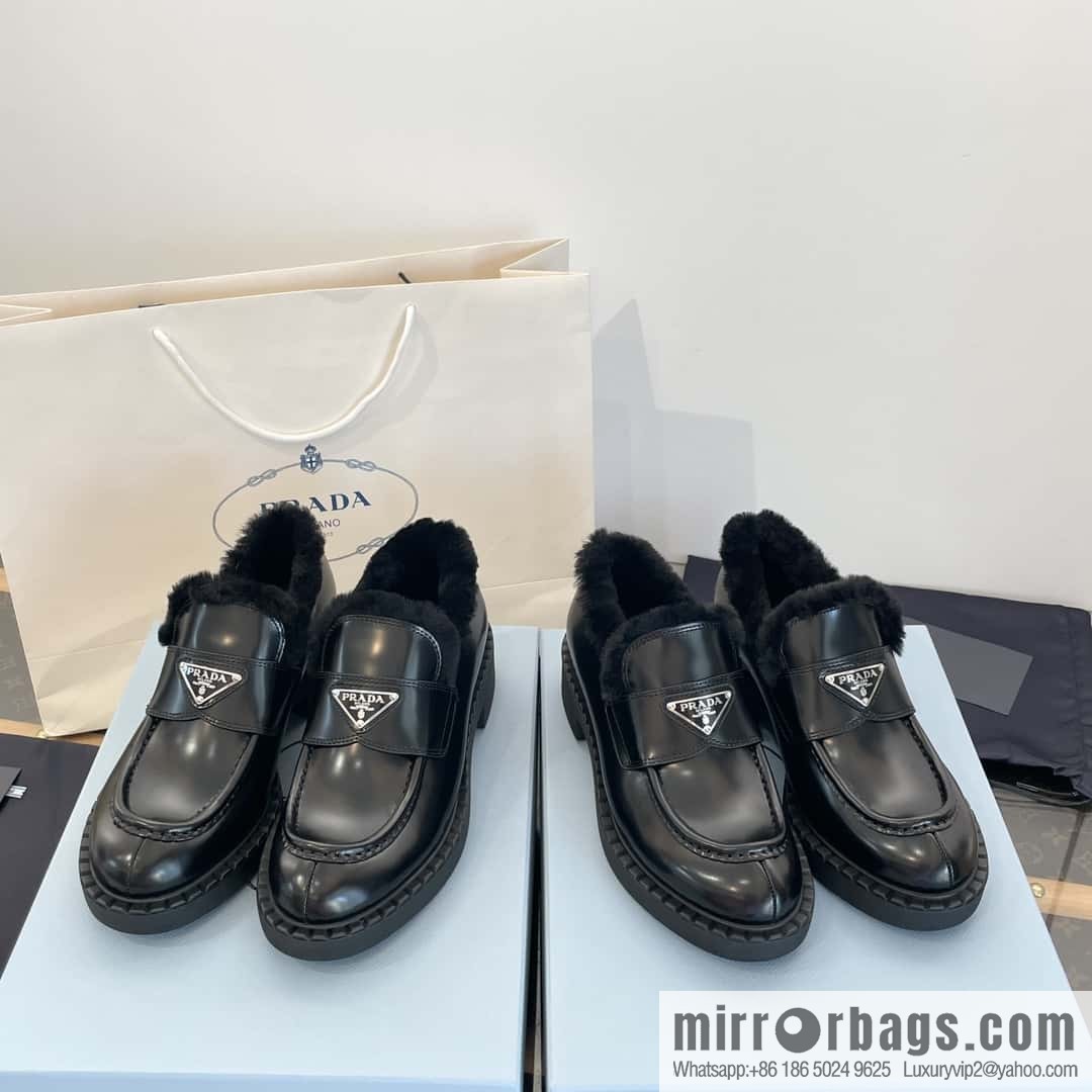 PRADA autumn and winter triangle standard wool and fleece platform loafers