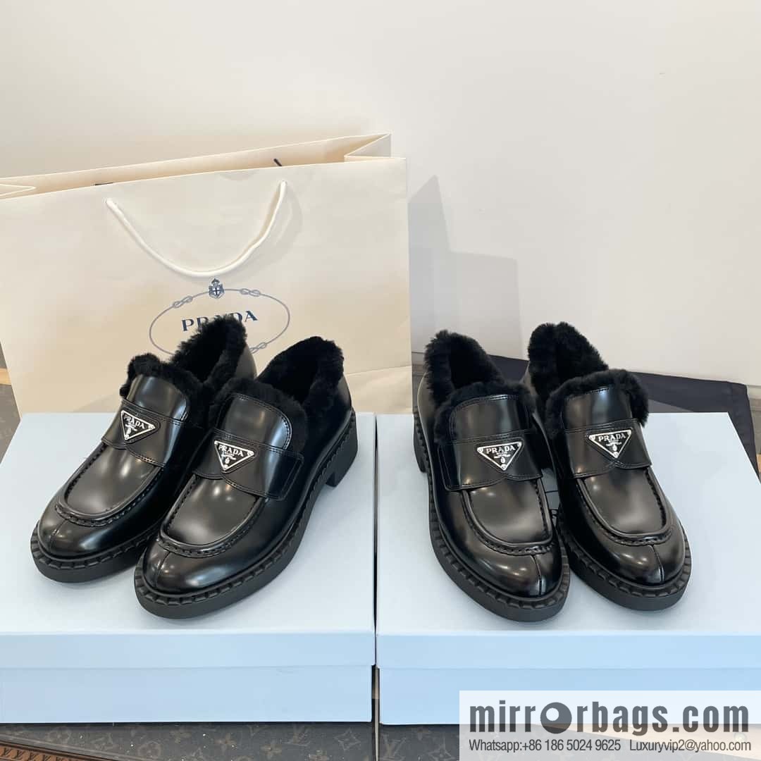 PRADA autumn and winter triangle standard wool and fleece platform loafers