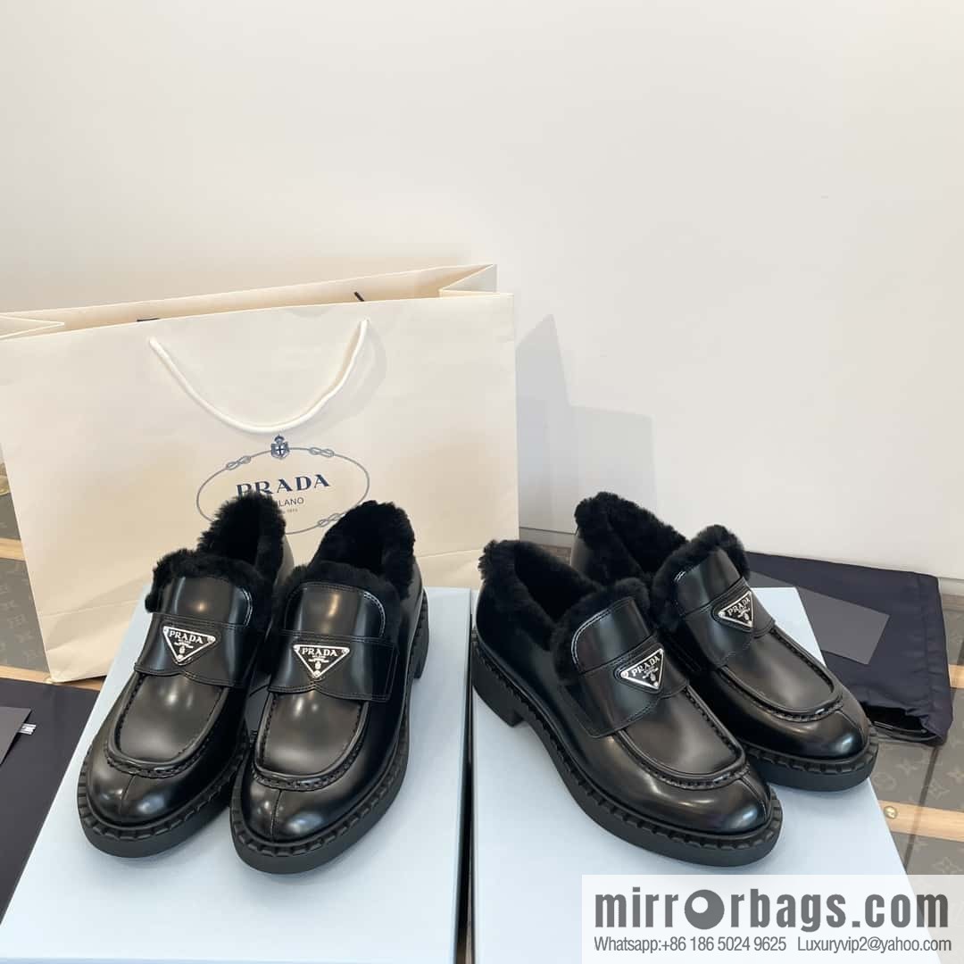 PRADA autumn and winter triangle standard wool and fleece platform loafers