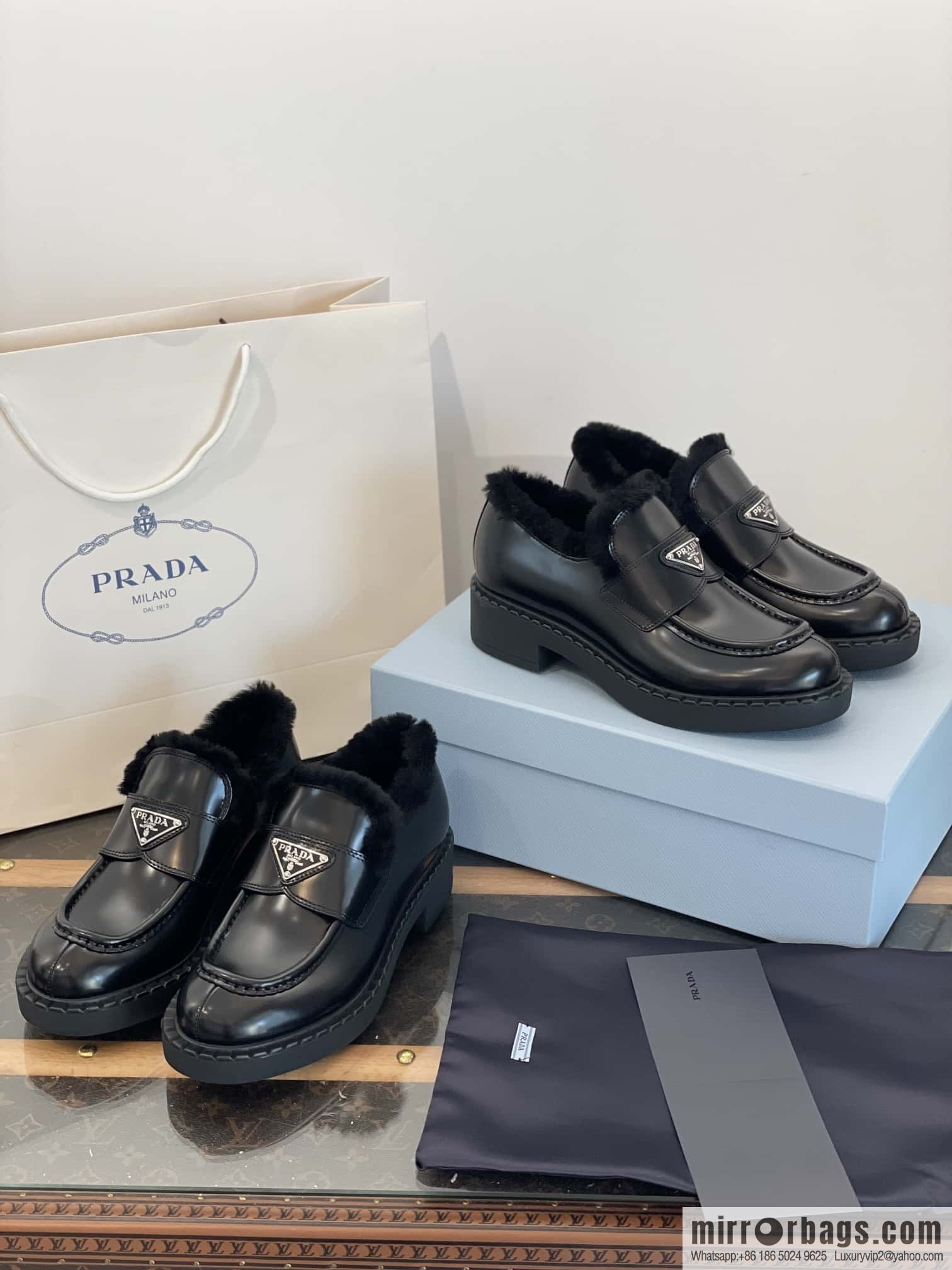 PRADA autumn and winter triangle standard wool and fleece platform loafers