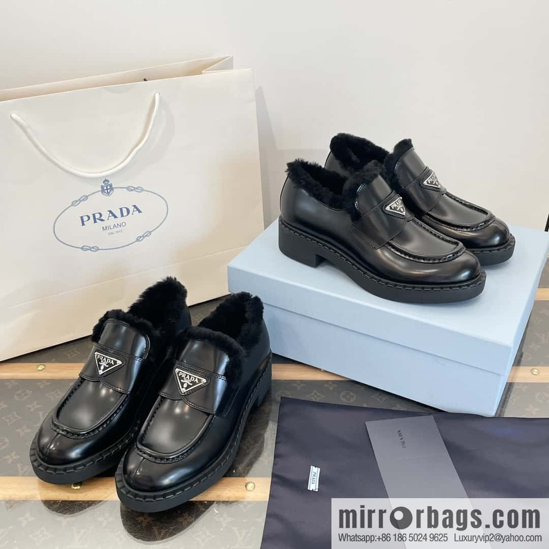 PRADA autumn and winter triangle standard wool and fleece platform loafers