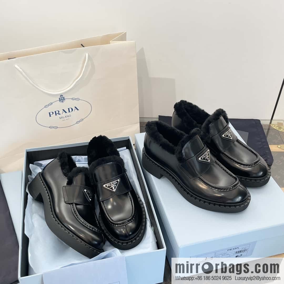 PRADA autumn and winter triangle standard wool and fleece platform loafers