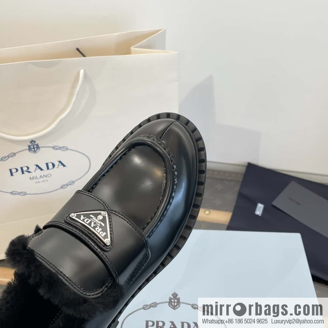 PRADA autumn and winter triangle standard wool and fleece platform loafers