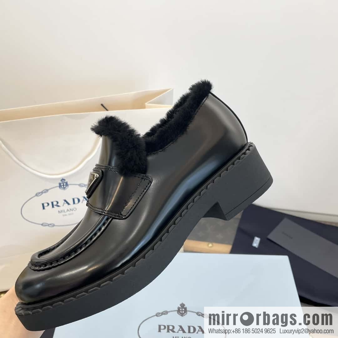 PRADA autumn and winter triangle standard wool and fleece platform loafers