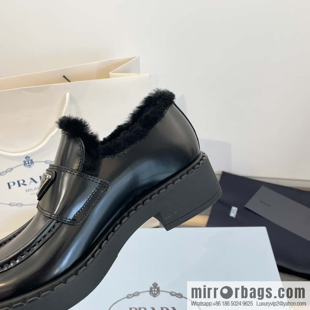 PRADA autumn and winter triangle standard wool and fleece platform loafers