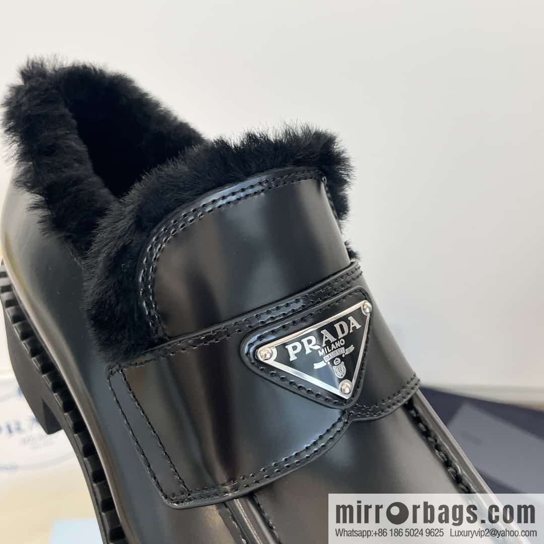 PRADA autumn and winter triangle standard wool and fleece platform loafers