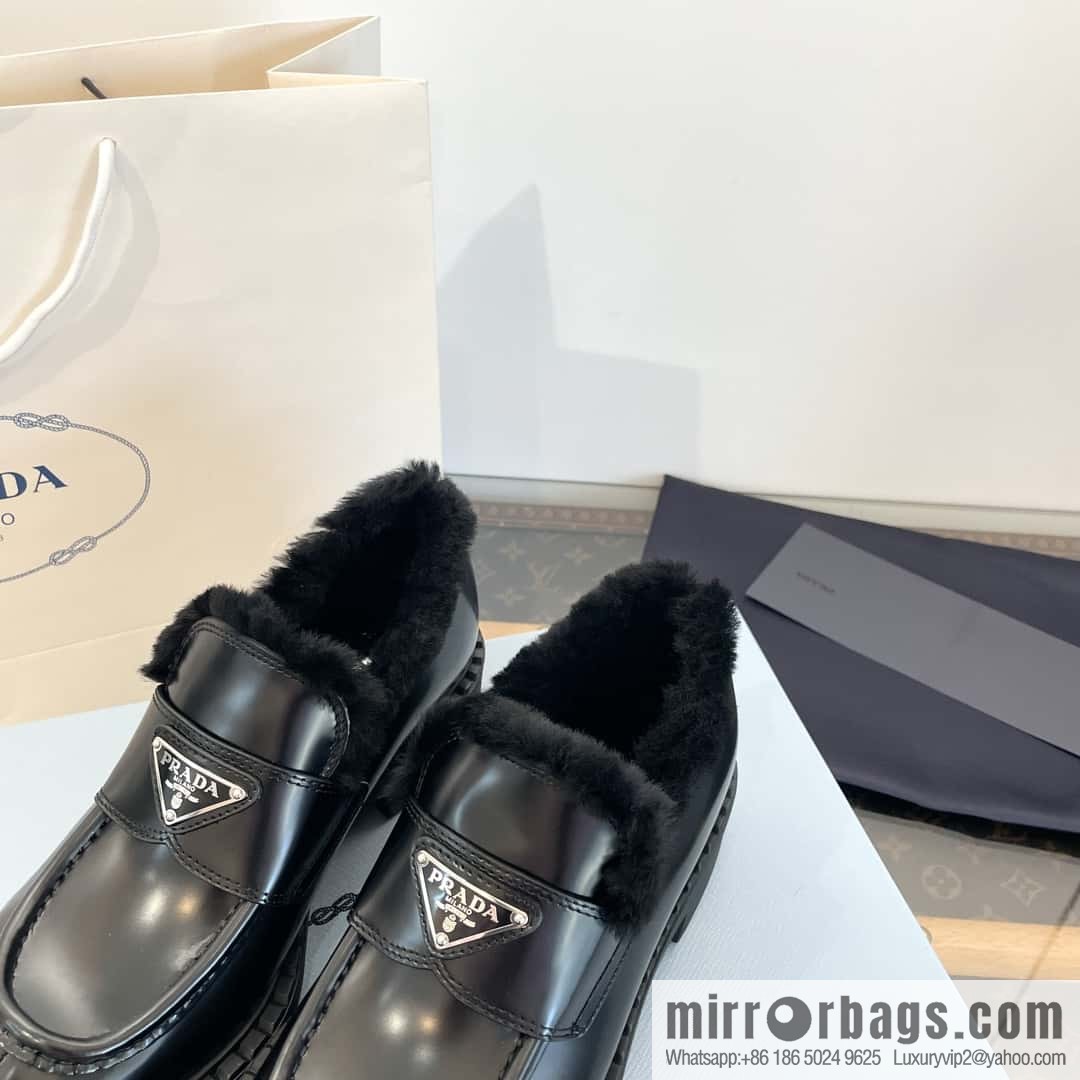 PRADA autumn and winter triangle standard wool and fleece platform loafers
