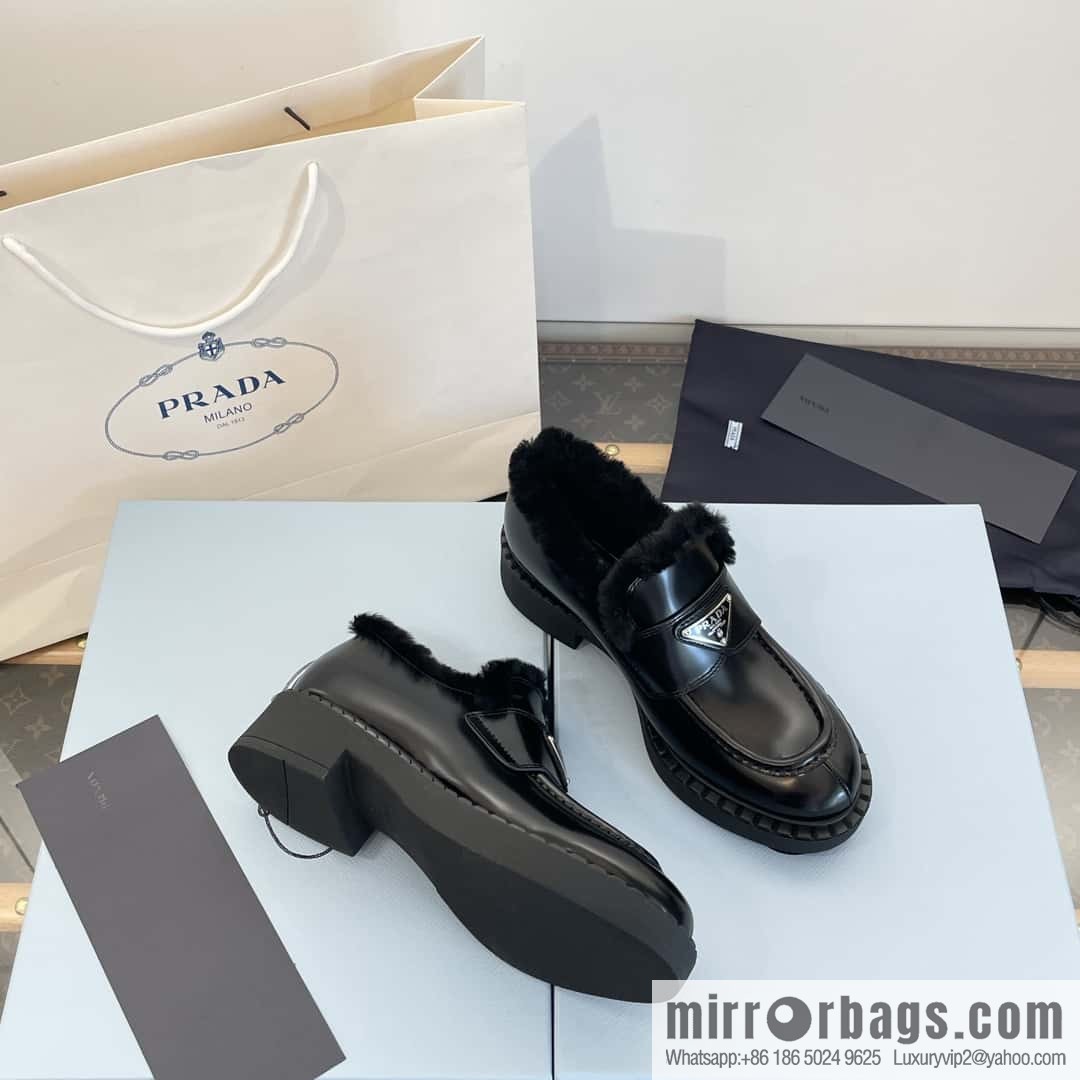 PRADA autumn and winter triangle standard wool and fleece platform loafers