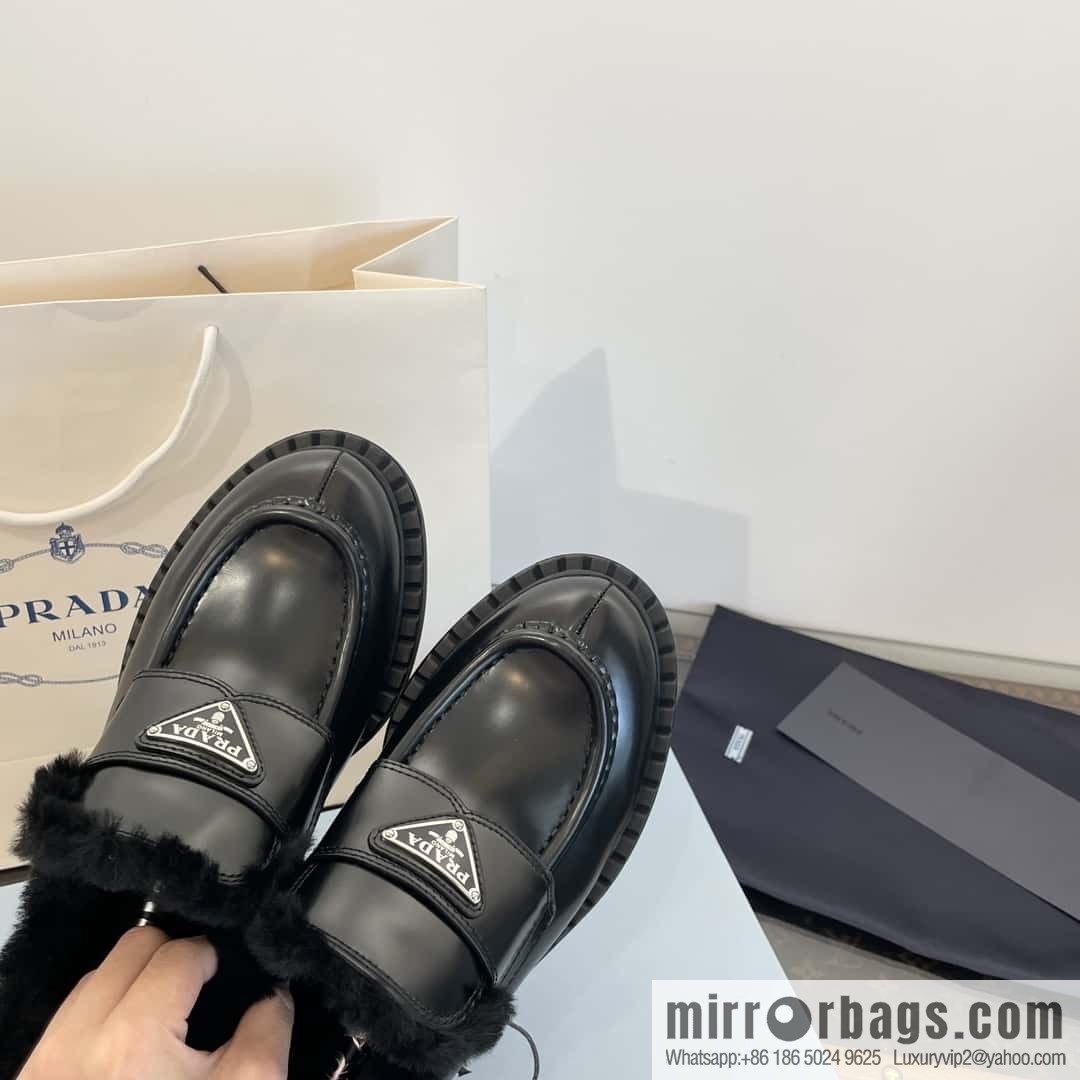 PRADA autumn and winter triangle standard wool and fleece platform loafers