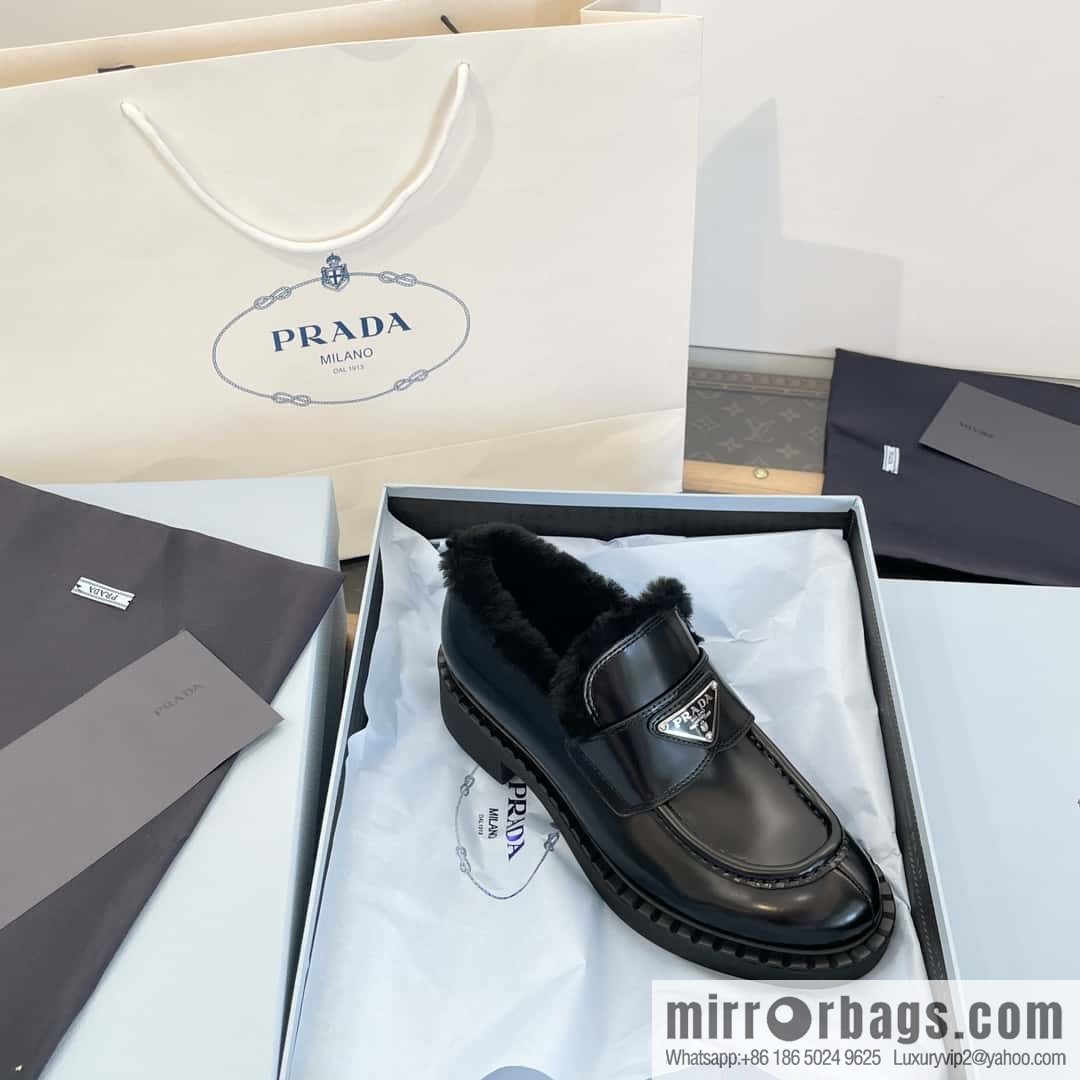 PRADA autumn and winter triangle standard wool and fleece platform loafers