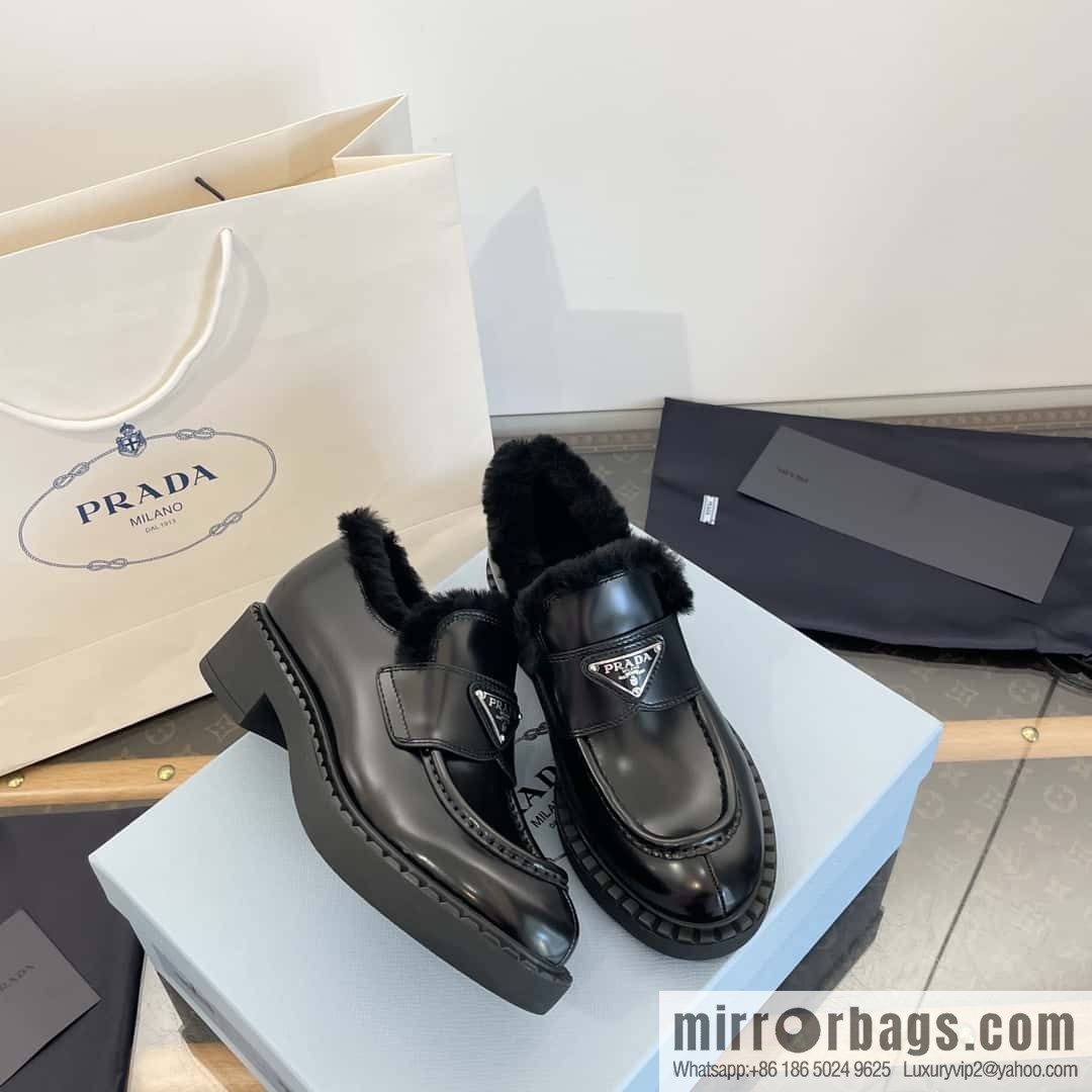 PRADA autumn and winter triangle standard wool and fleece platform loafers