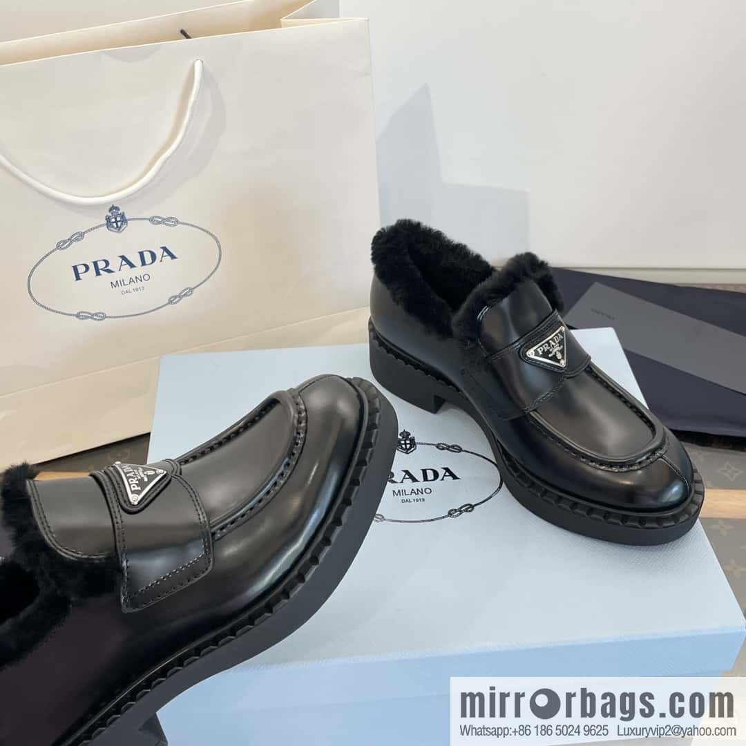 PRADA autumn and winter triangle standard wool and fleece platform loafers