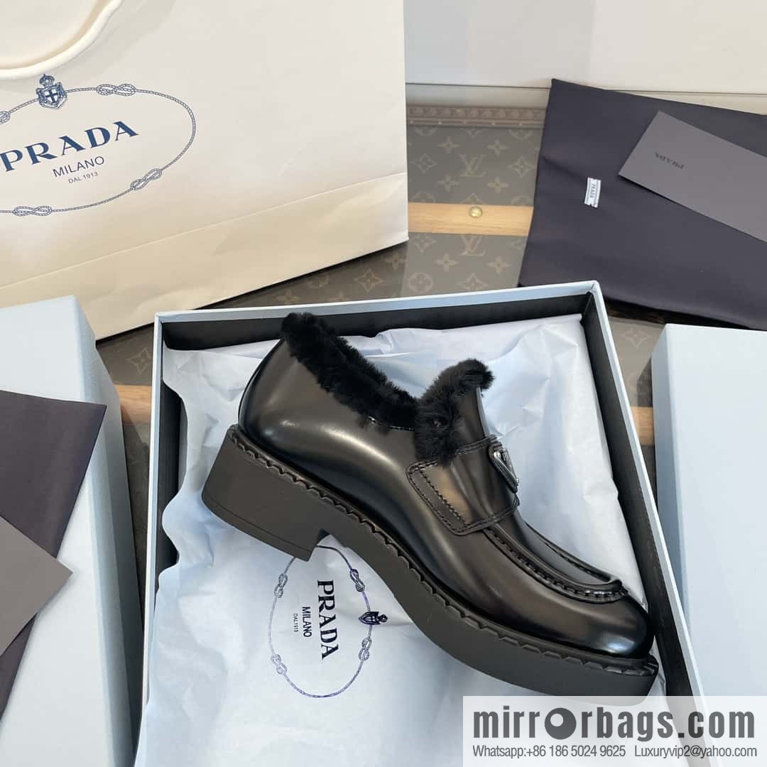 PRADA autumn and winter triangle standard wool and fleece platform loafers
