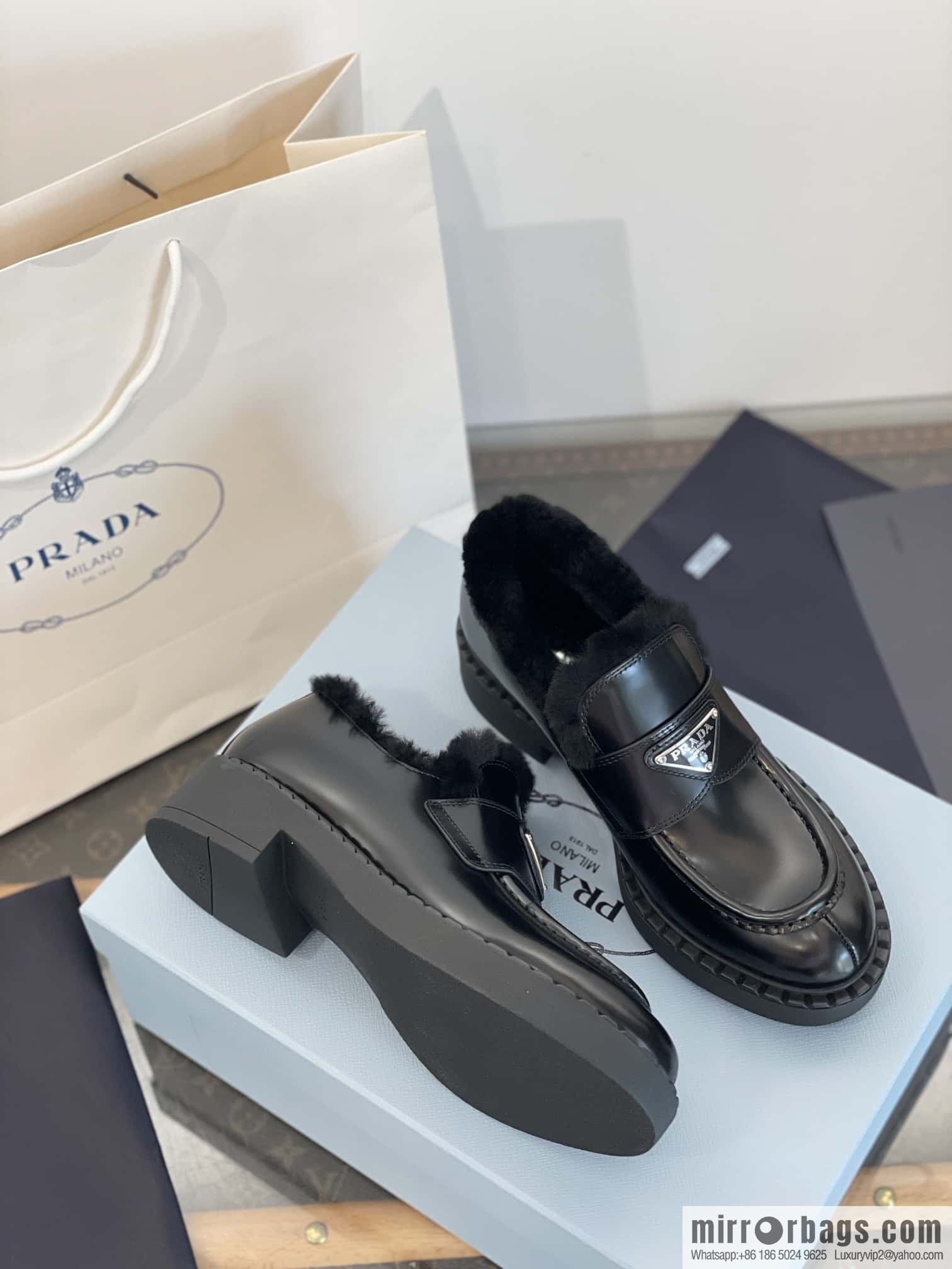 PRADA autumn and winter triangle standard wool and fleece platform loafers