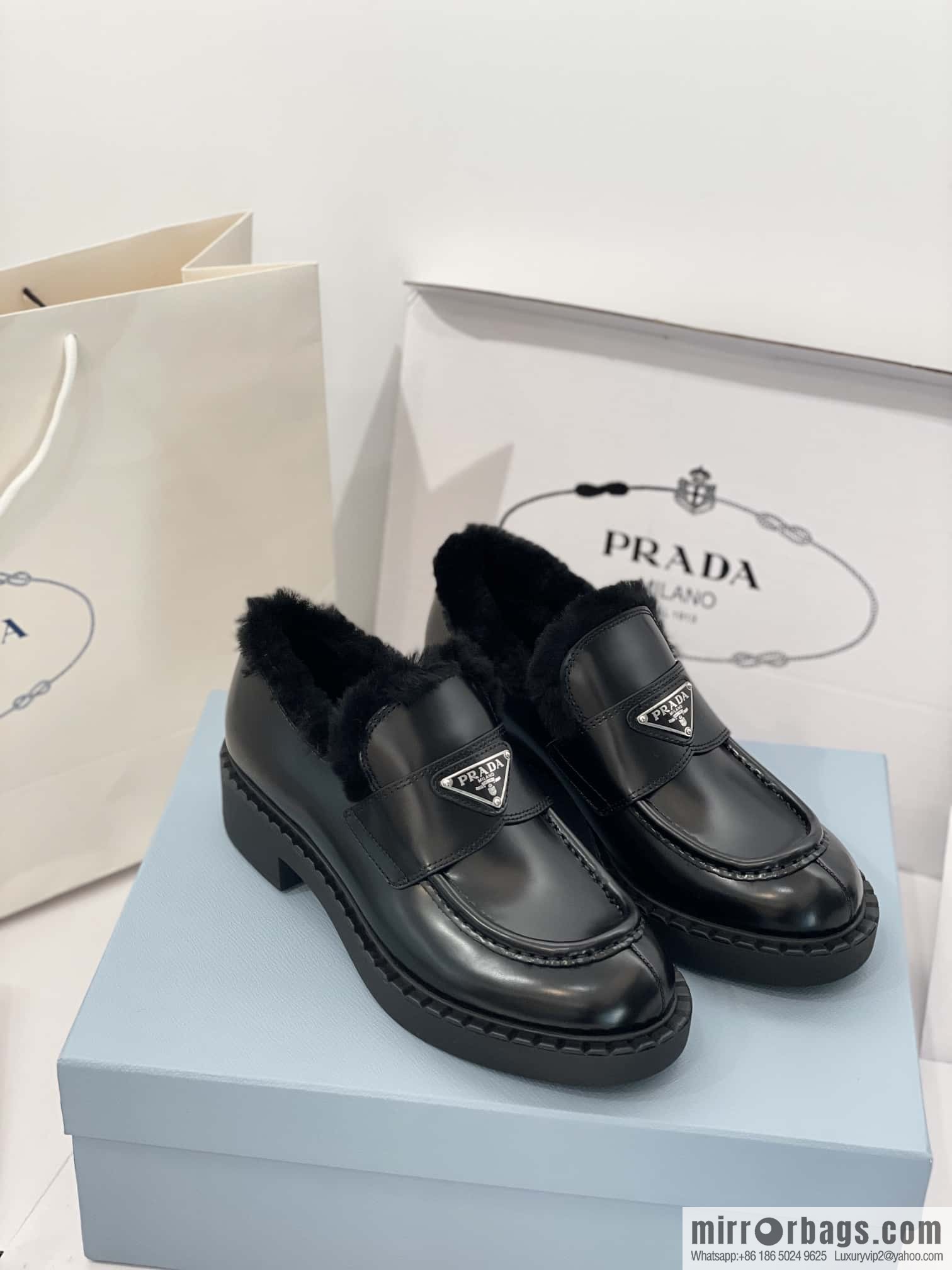 PRADA autumn and winter triangle standard wool and fleece platform loafers