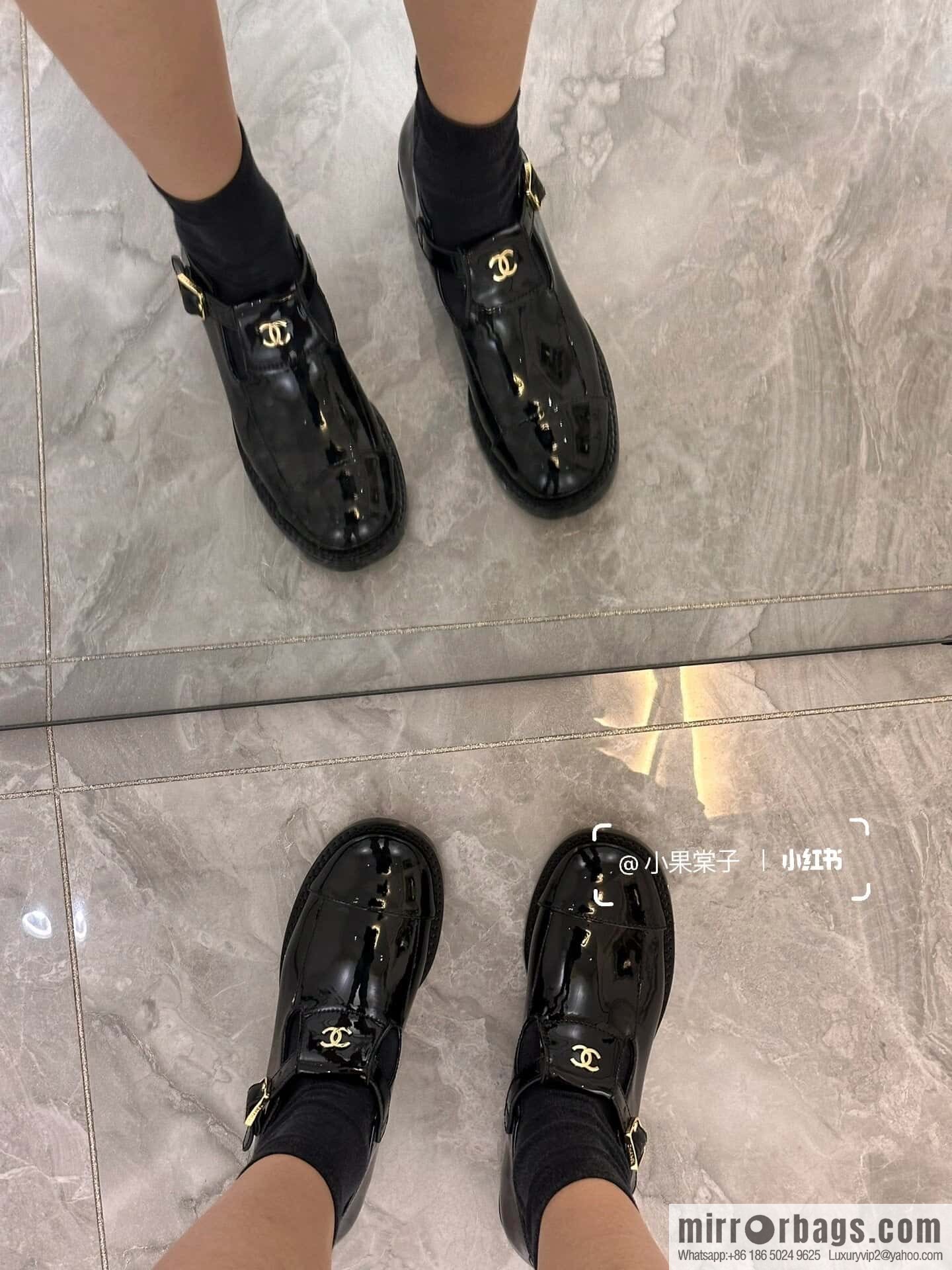 CHANEL Xiaoxiang patent leather glossy Mary Jane platform loafers