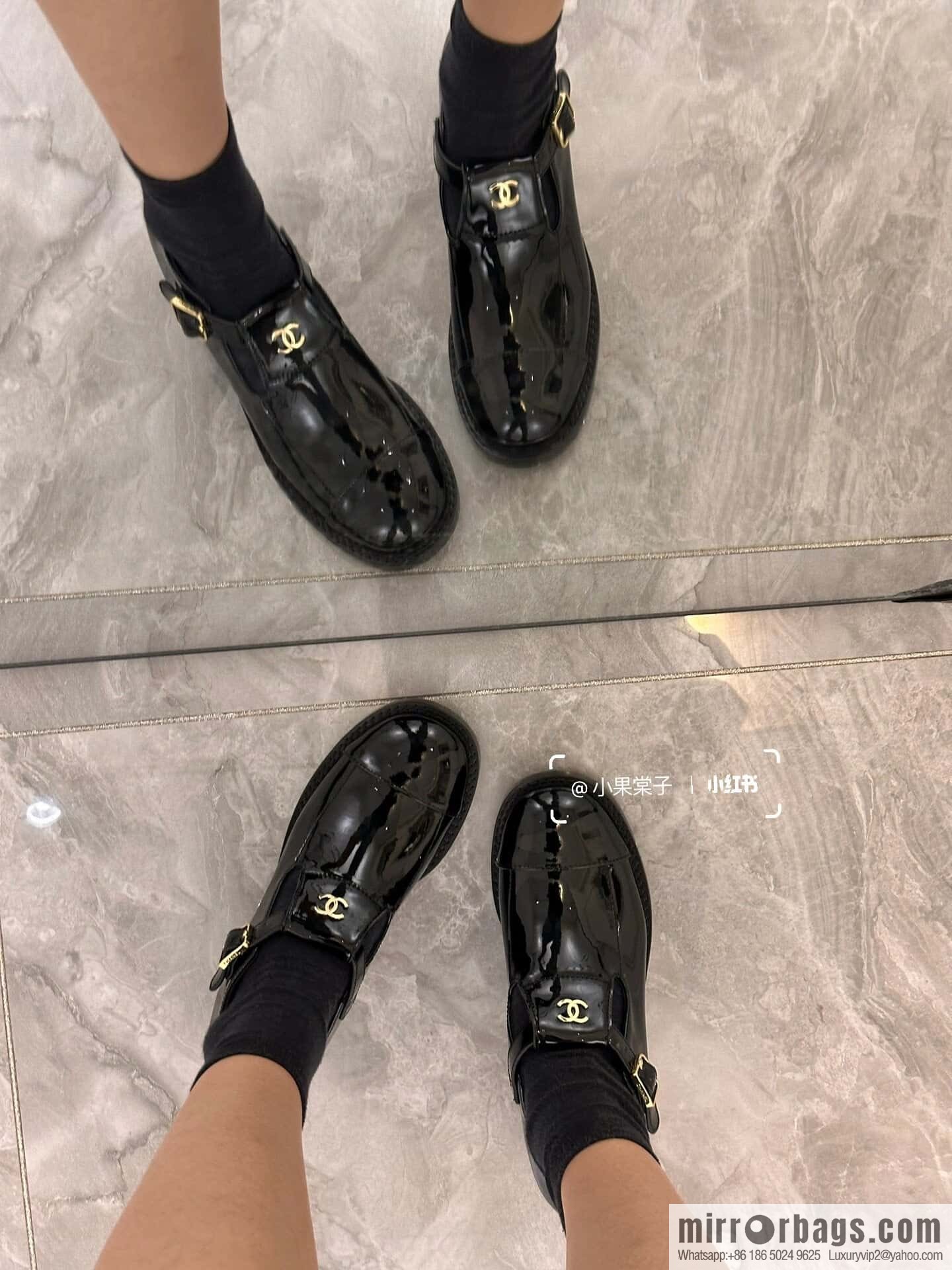 CHANEL Xiaoxiang patent leather glossy Mary Jane platform loafers