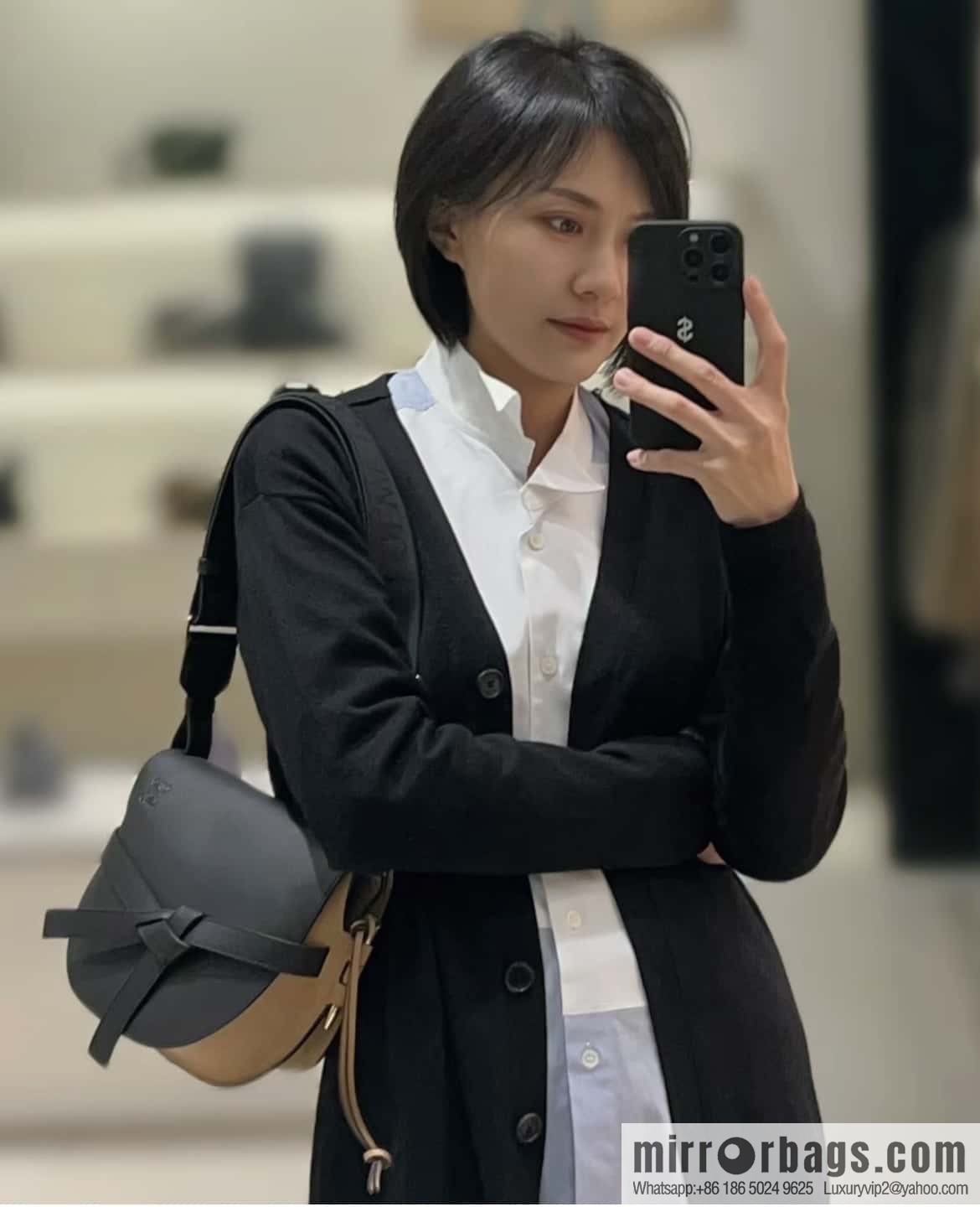 LOEWE upgraded version letter wide shoulder strap saddle bag GateDual handbag 0671 warm sand black