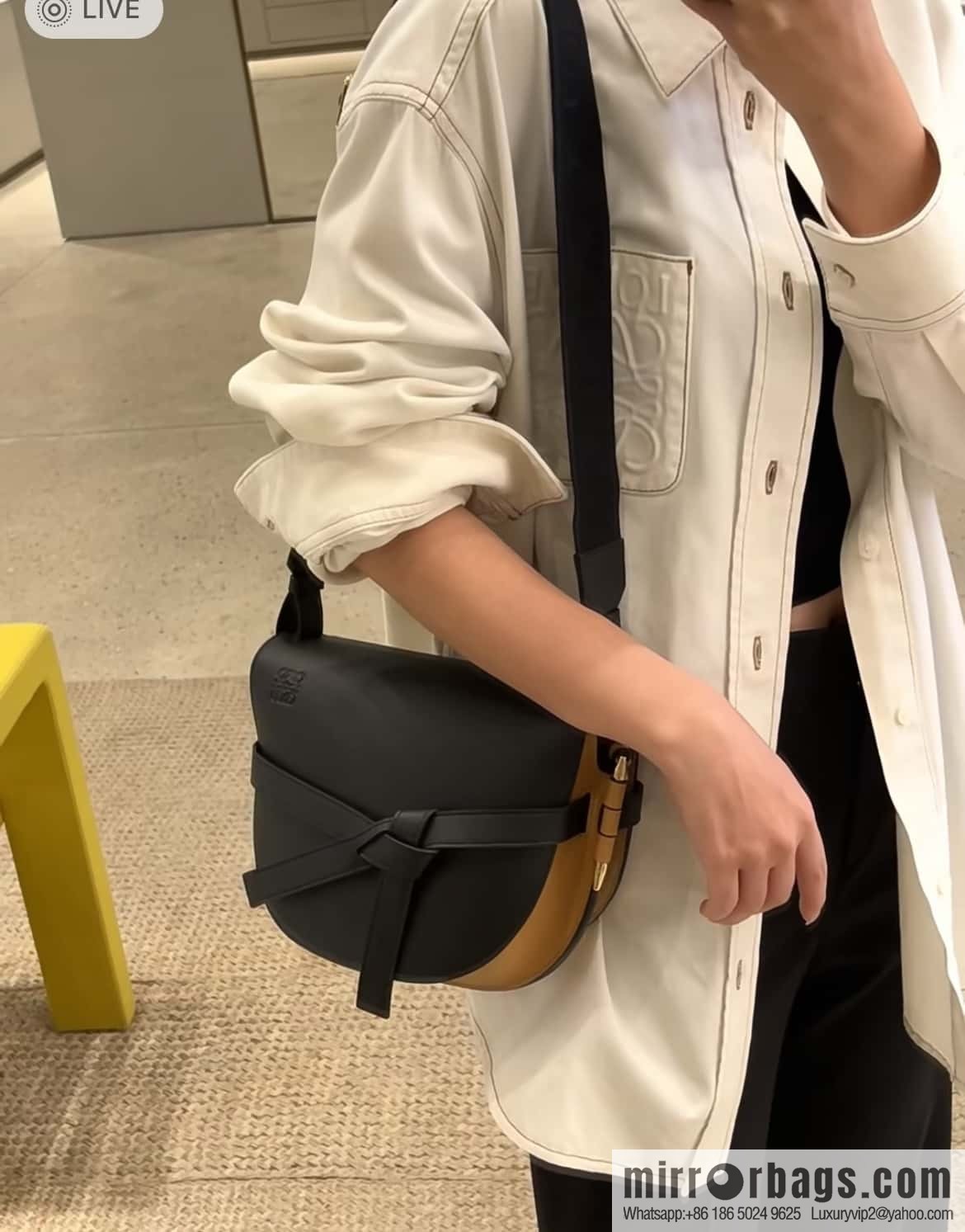 LOEWE upgraded version letter wide shoulder strap saddle bag GateDual handbag 0671 warm sand black