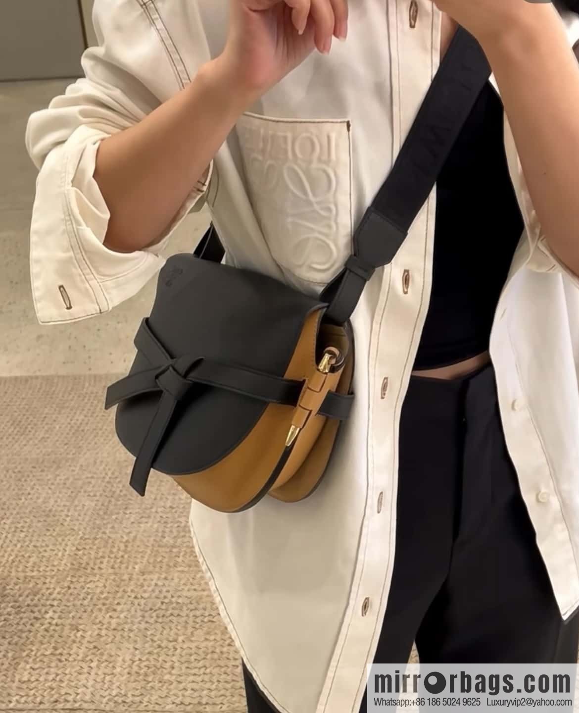 LOEWE upgraded version letter wide shoulder strap saddle bag GateDual handbag 0671 warm sand black