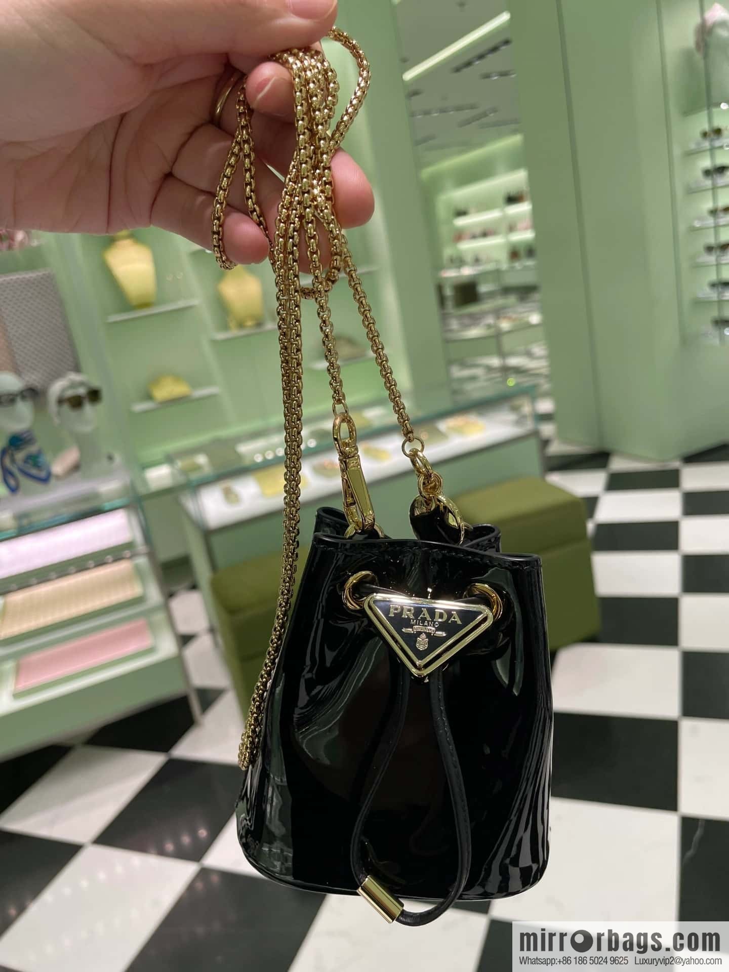 PRADA patent leather bucket ๐ 1NR016 black