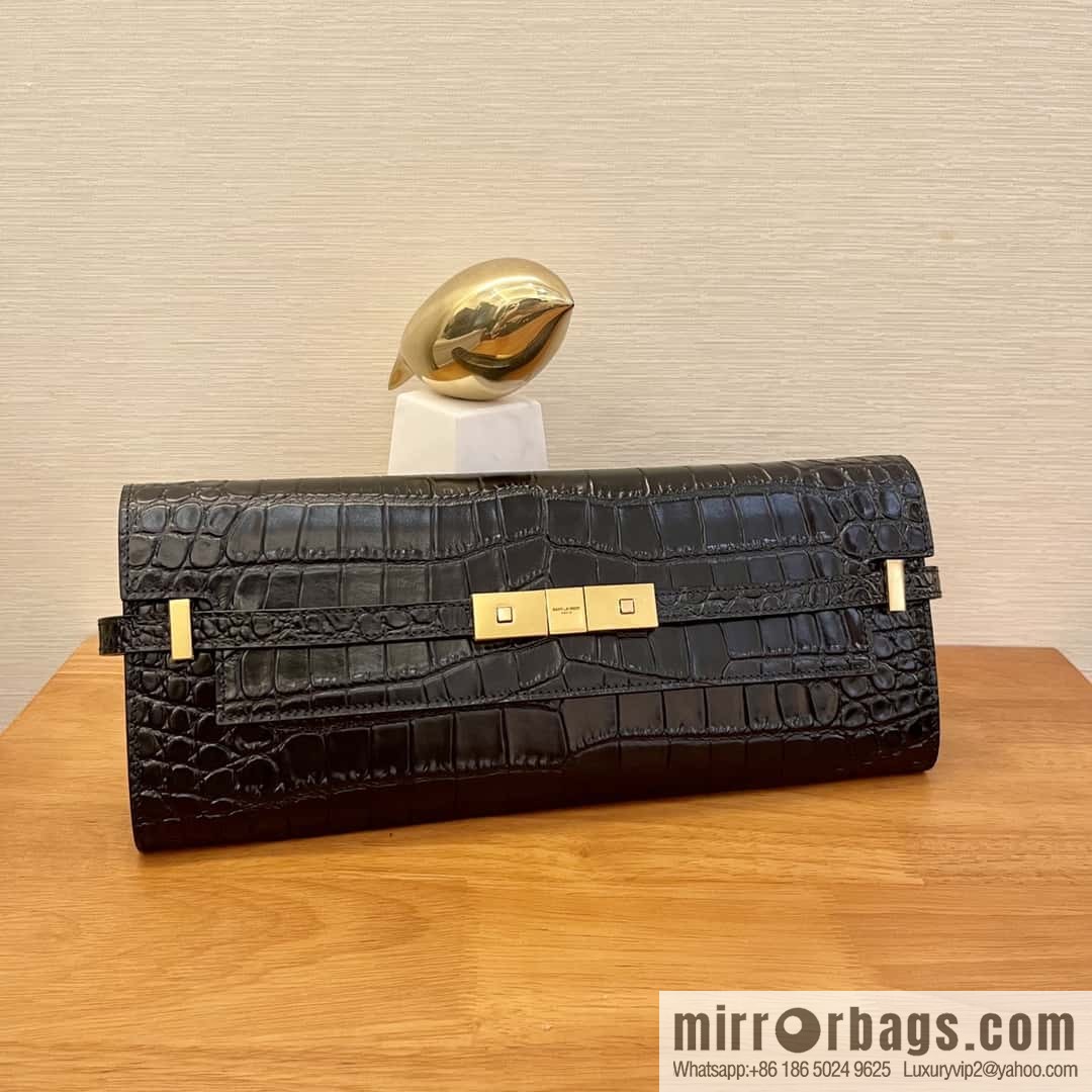 SAINT LAURENT YSL 𝗠𝗮𝗻𝗵𝗮𝘁𝘁𝗮𝗻 𝗖𝗹𝘂𝘁𝗰𝗵_ clutch bag 695949 crocodile pattern black