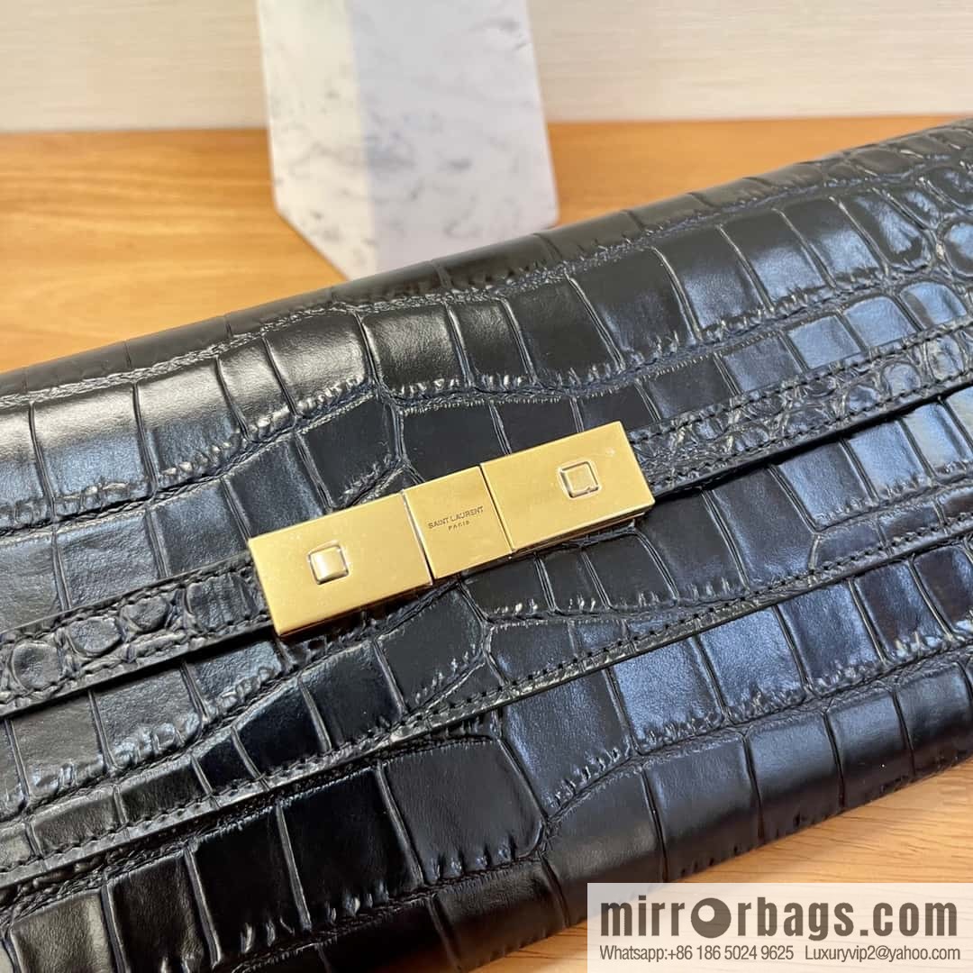 SAINT LAURENT YSL 𝗠𝗮𝗻𝗵𝗮𝘁𝘁𝗮𝗻 𝗖𝗹𝘂𝘁𝗰𝗵_ clutch bag 695949 crocodile pattern black