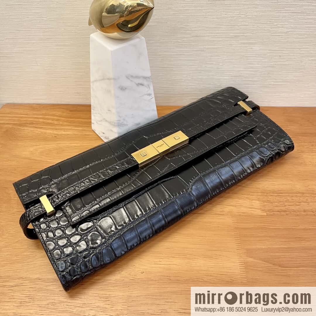 SAINT LAURENT YSL 𝗠𝗮𝗻𝗵𝗮𝘁𝘁𝗮𝗻 𝗖𝗹𝘂𝘁𝗰𝗵_ clutch bag 695949 crocodile pattern black