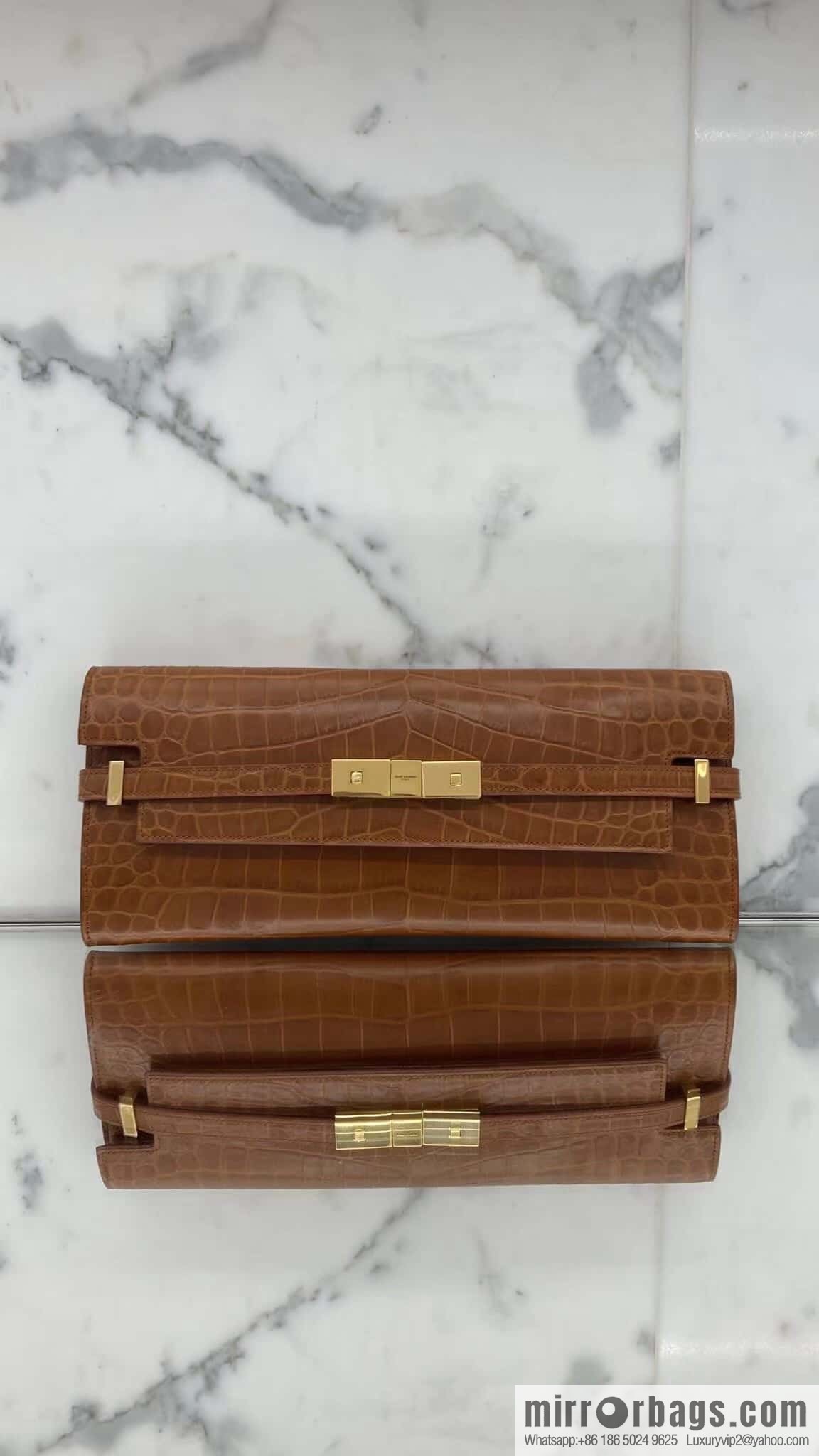 SAINT LAURENT YSL 𝗠𝗮𝗻𝗵𝗮𝘁𝘁𝗮𝗻 𝗖𝗹𝘂𝘁𝗰𝗵_ clutch bag 695949 crocodile pattern, brown