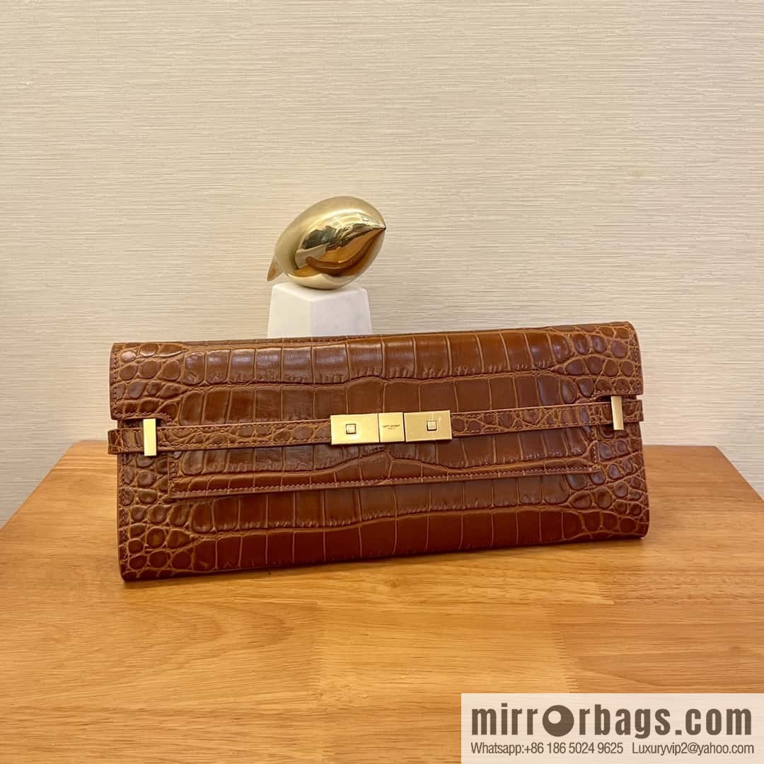 SAINT LAURENT YSL 𝗠𝗮𝗻𝗵𝗮𝘁𝘁𝗮𝗻 𝗖𝗹𝘂𝘁𝗰𝗵_ clutch bag 695949 crocodile pattern, brown