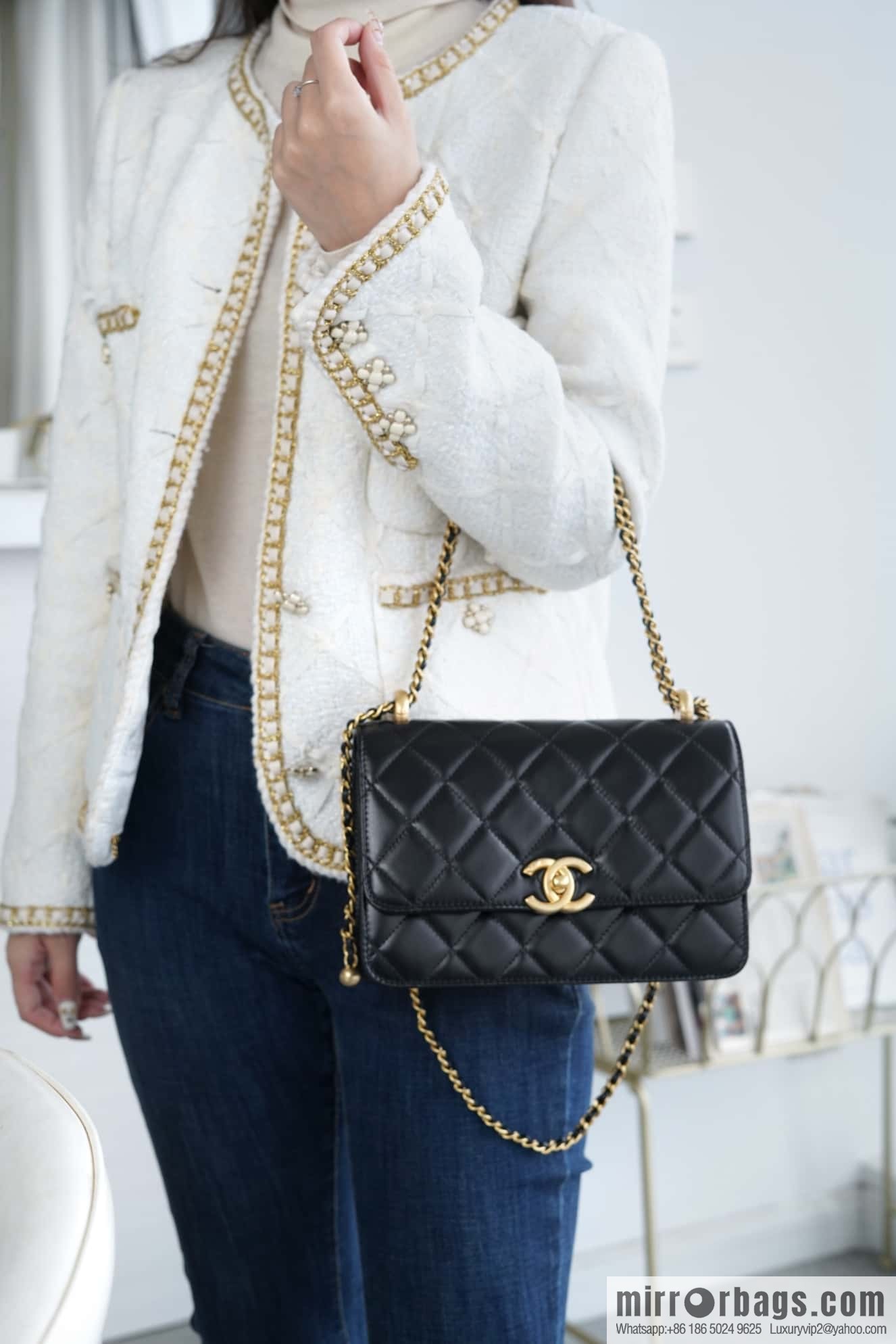 CHANEL 24C Original calfskin, double gold ball black AS2649
