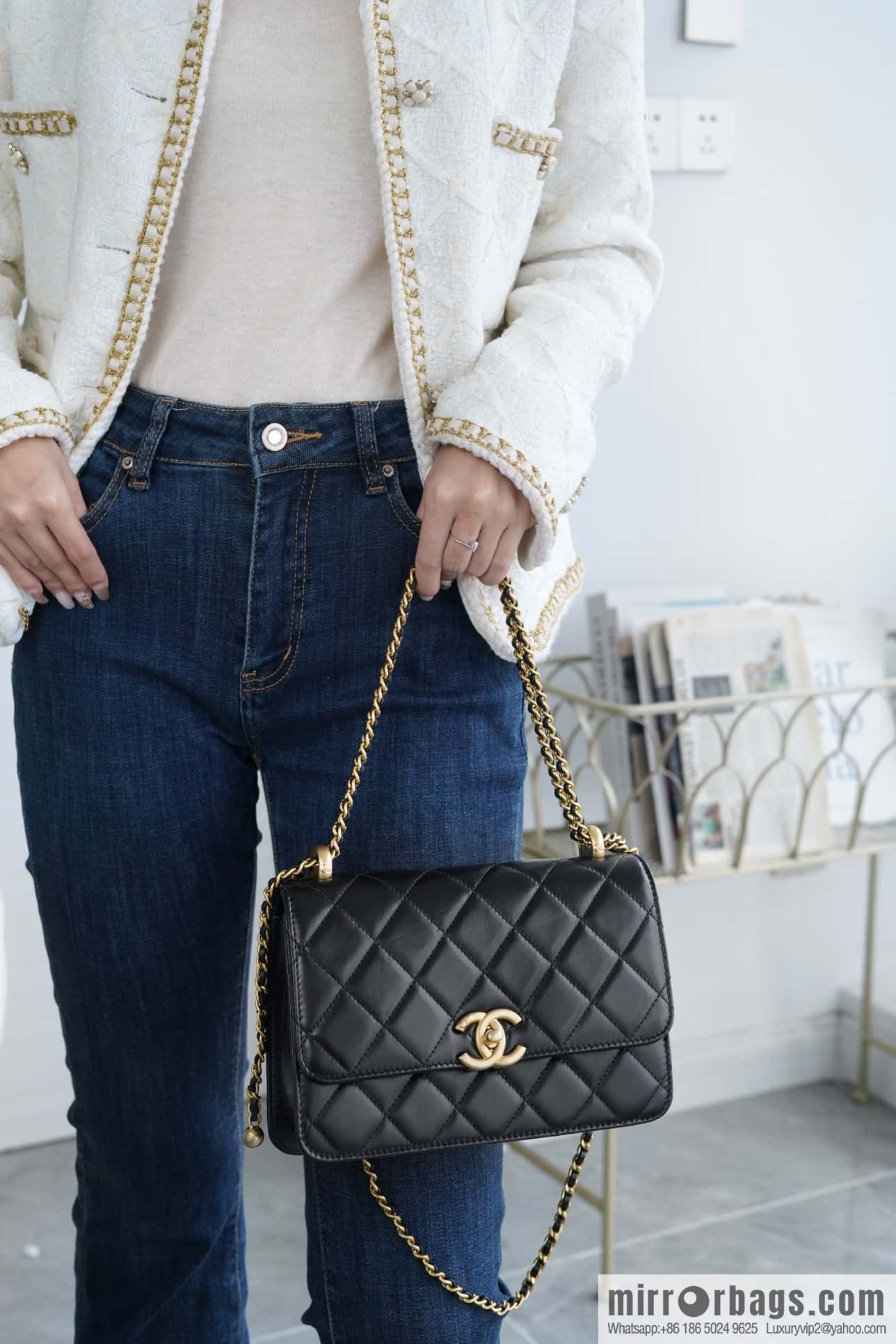 CHANEL 24C Original calfskin, double gold ball black AS2649