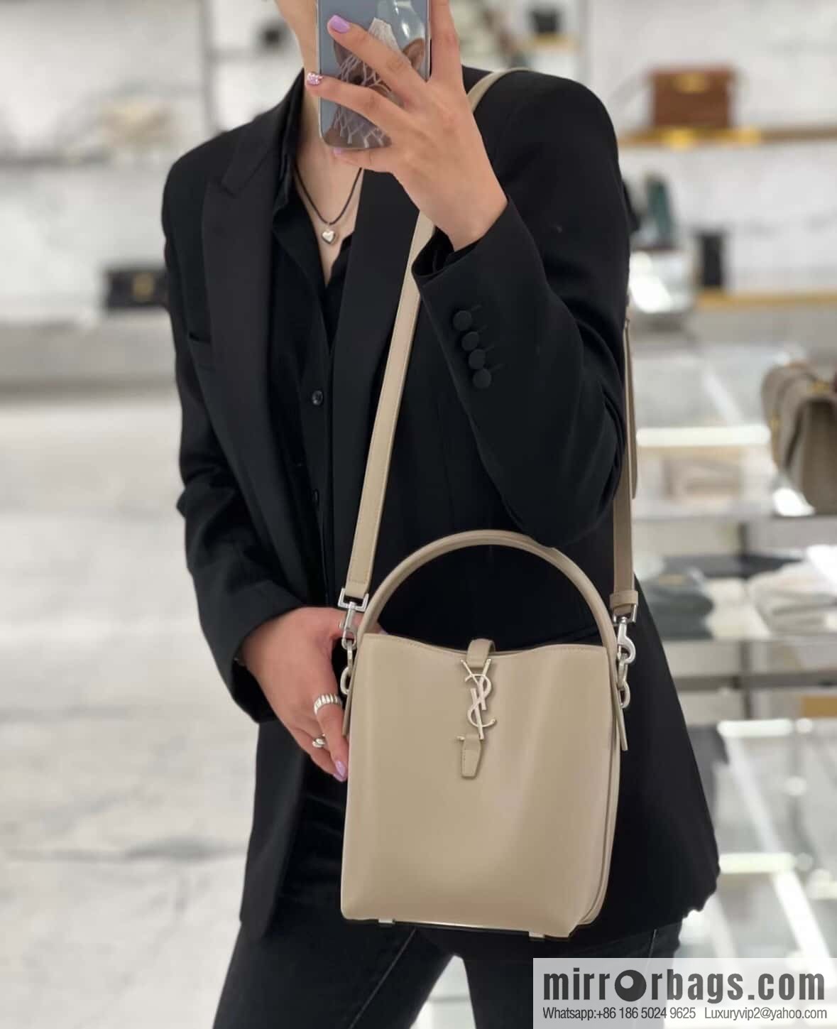SAINT LAURENT Saint Laurent YSL summer new model _ small bucket bag 749036 milk tea silver