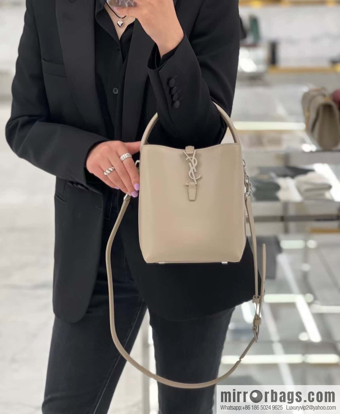 SAINT LAURENT Saint Laurent YSL summer new model _ small bucket bag 749036 milk tea silver