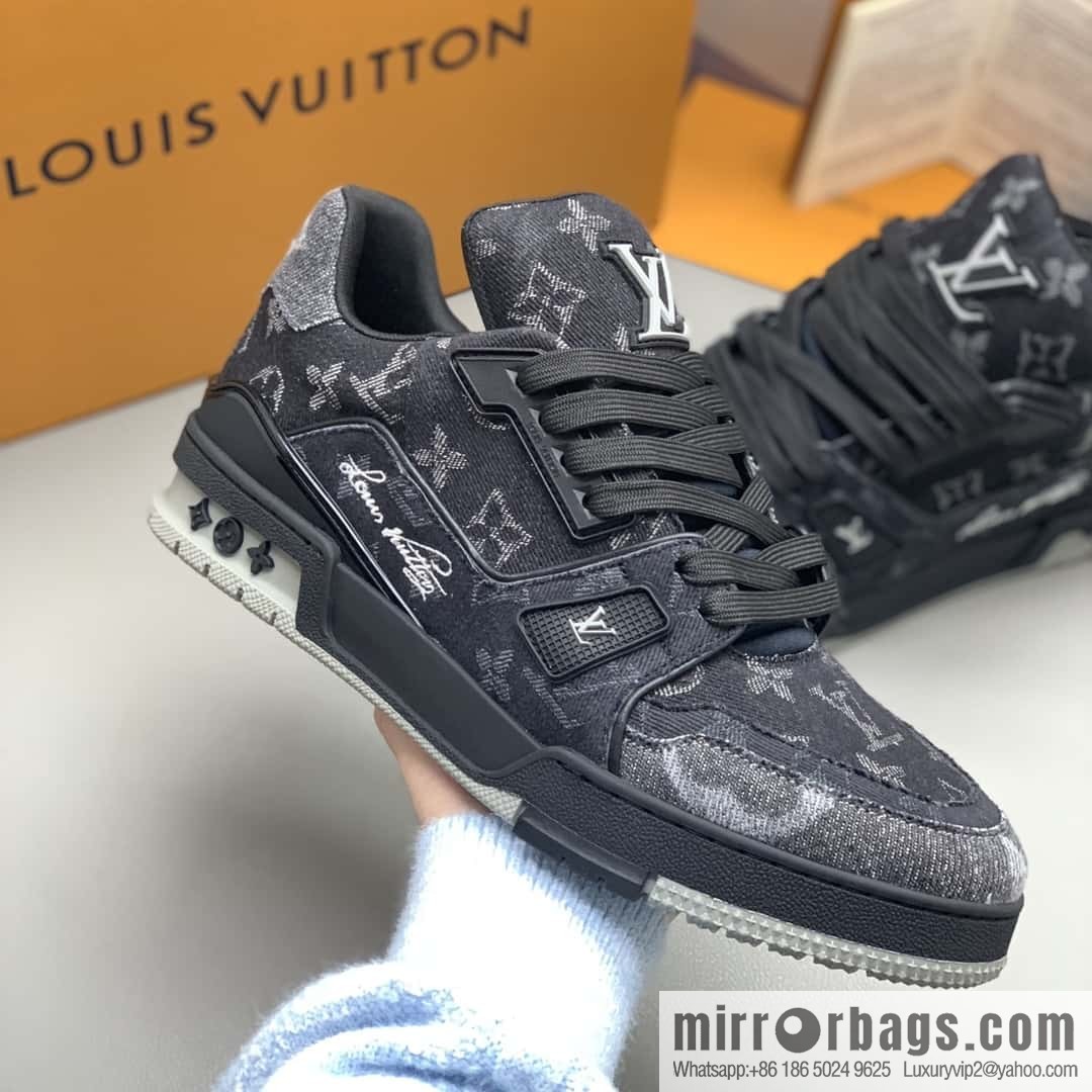 LV/Louis Vuitton, black denim men's sports and leisure shoes