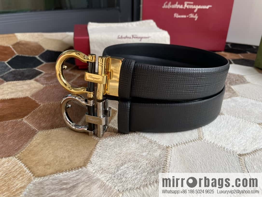 Salvatore Ferragamo (Italy) Men's Belt 3.5cm Imported First Layer Cowhide Pressed Texture Delicate Semicircular Metal Buckle Belt