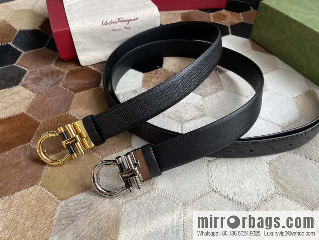 Salvatore Ferragamo (Italy) Men's Belt 3.5cm Imported First Layer Cowhide Pressed Texture Delicate Semicircular Metal Buckle Belt