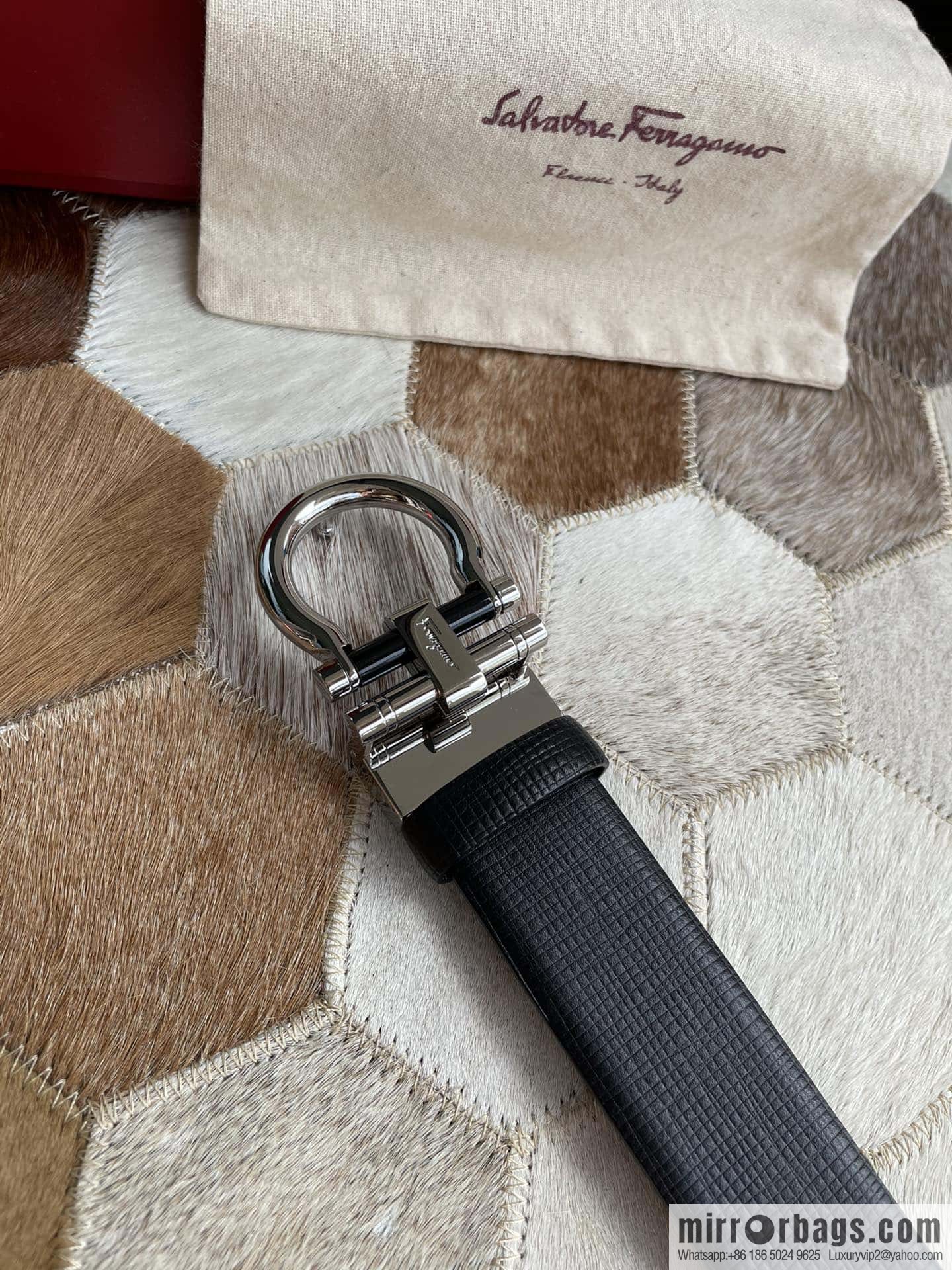 Salvatore Ferragamo (Italy) Men's Belt 3.5cm Imported First Layer Cowhide Pressed Texture Delicate Semicircular Metal Buckle Belt