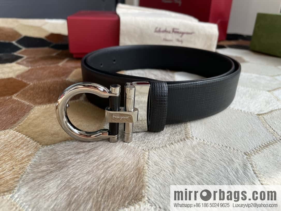 Salvatore Ferragamo (Italy) Men's Belt 3.5cm Imported First Layer Cowhide Pressed Texture Delicate Semicircular Metal Buckle Belt