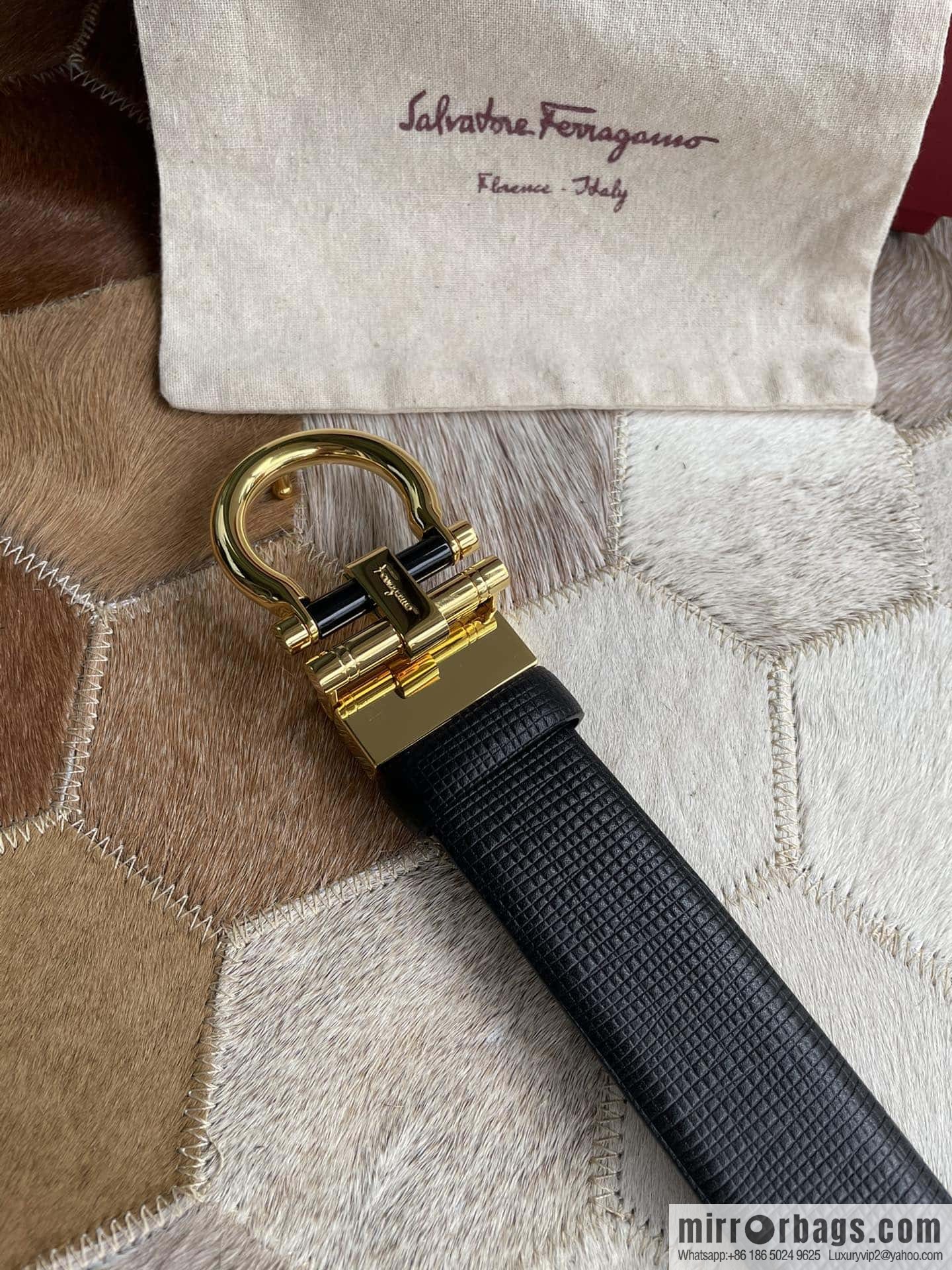 Salvatore Ferragamo (Italy) Men's Belt 3.5cm Imported First Layer Cowhide Pressed Texture Delicate Semicircular Metal Buckle Belt