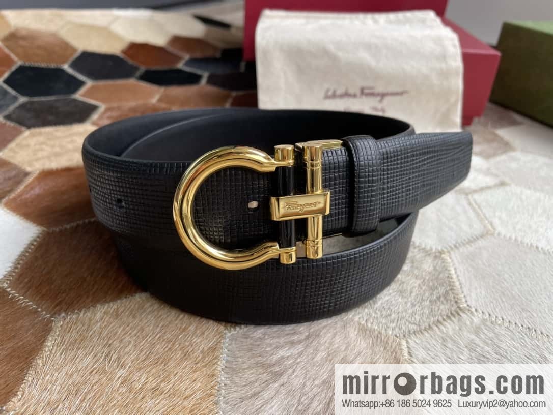 Salvatore Ferragamo (Italy) Men's Belt 3.5cm Imported First Layer Cowhide Pressed Texture Delicate Semicircular Metal Buckle Belt