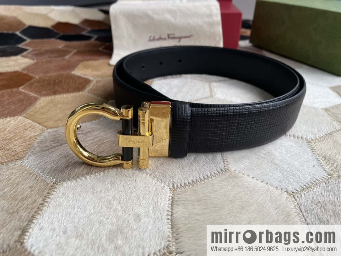 Salvatore Ferragamo (Italy) Men's Belt 3.5cm Imported First Layer Cowhide Pressed Texture Delicate Semicircular Metal Buckle Belt