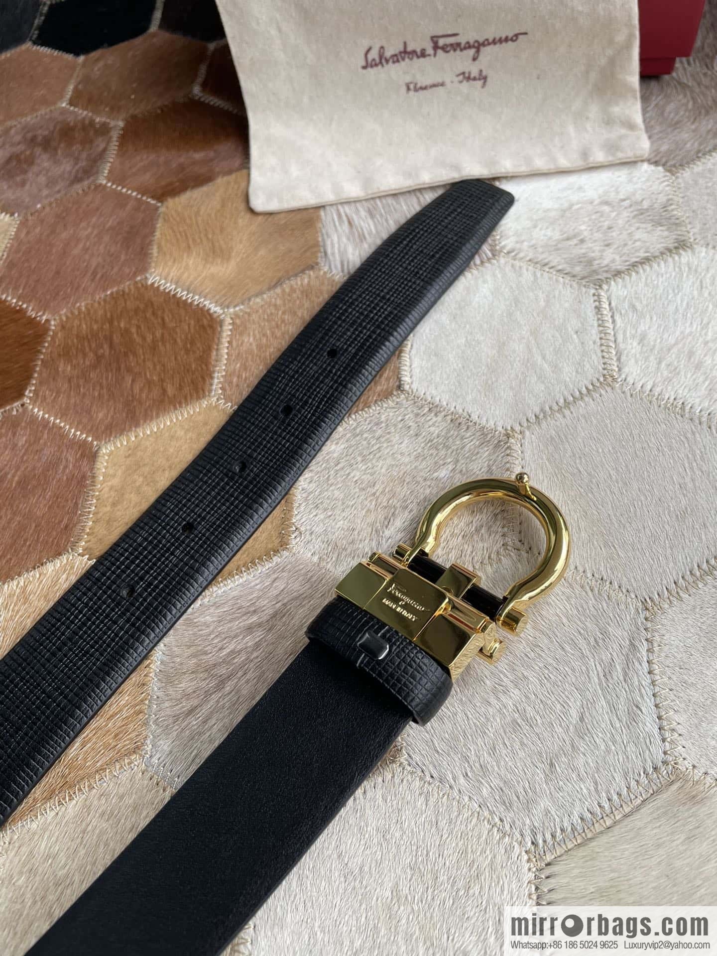 Salvatore Ferragamo (Italy) Men's Belt 3.5cm Imported First Layer Cowhide Pressed Texture Delicate Semicircular Metal Buckle Belt