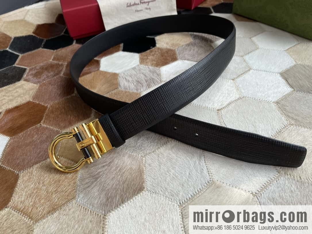 Salvatore Ferragamo (Italy) Men's Belt 3.5cm Imported First Layer Cowhide Pressed Texture Delicate Semicircular Metal Buckle Belt