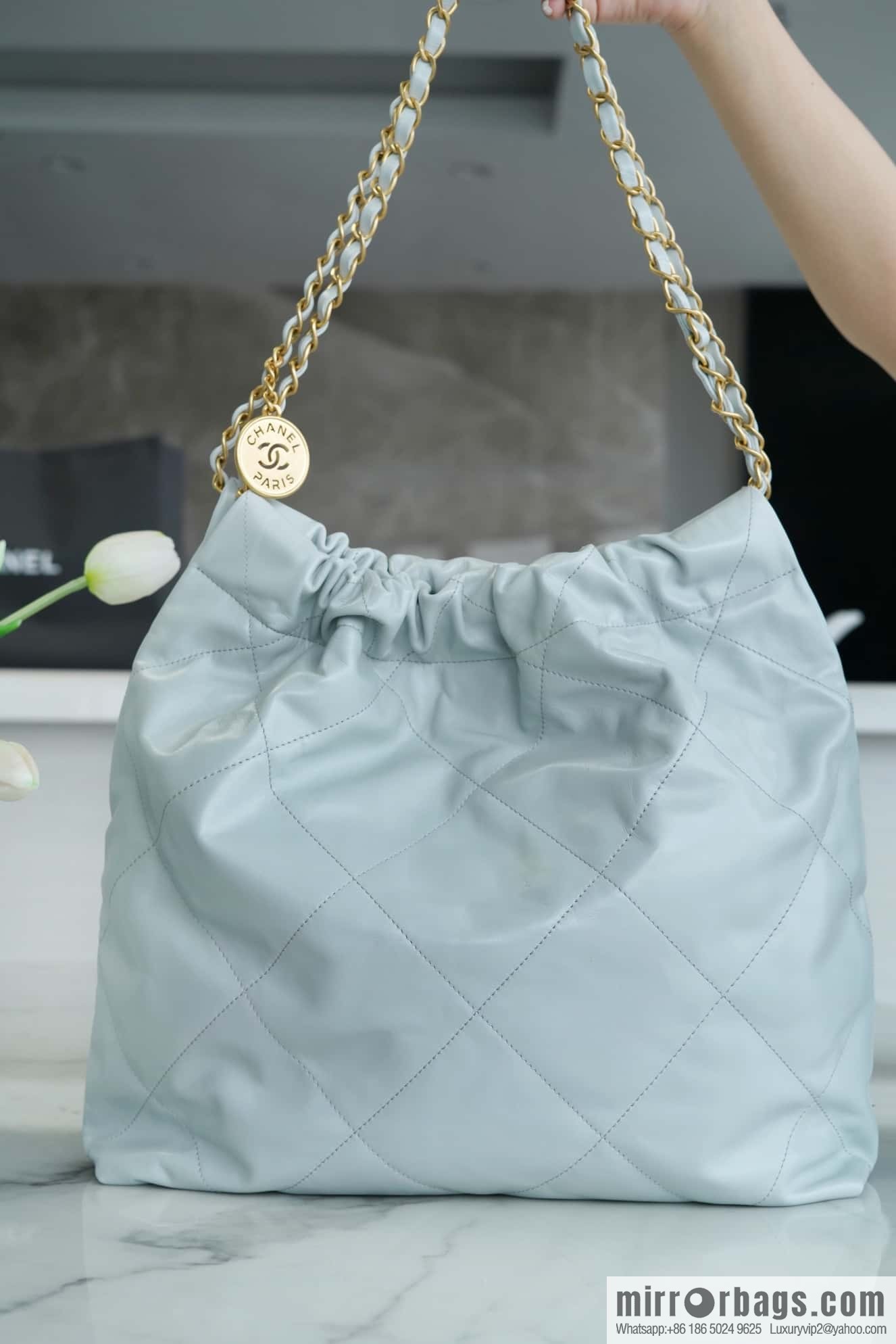 CHANEL 23C 22 handbag, genuine tail leather, haze blue, medium AS3261.