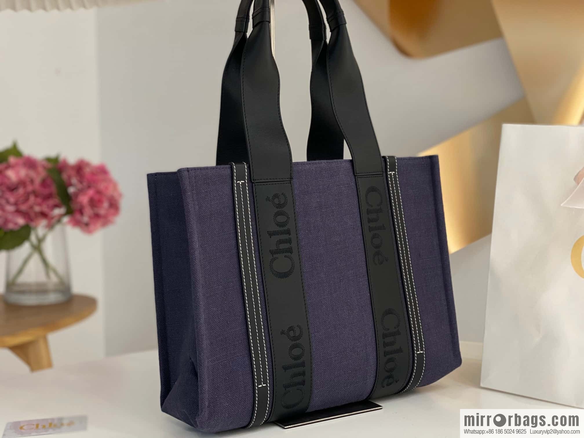 Chloe Woody Linen with Pitot Bag, Navy Blue with Black Medium 37CM